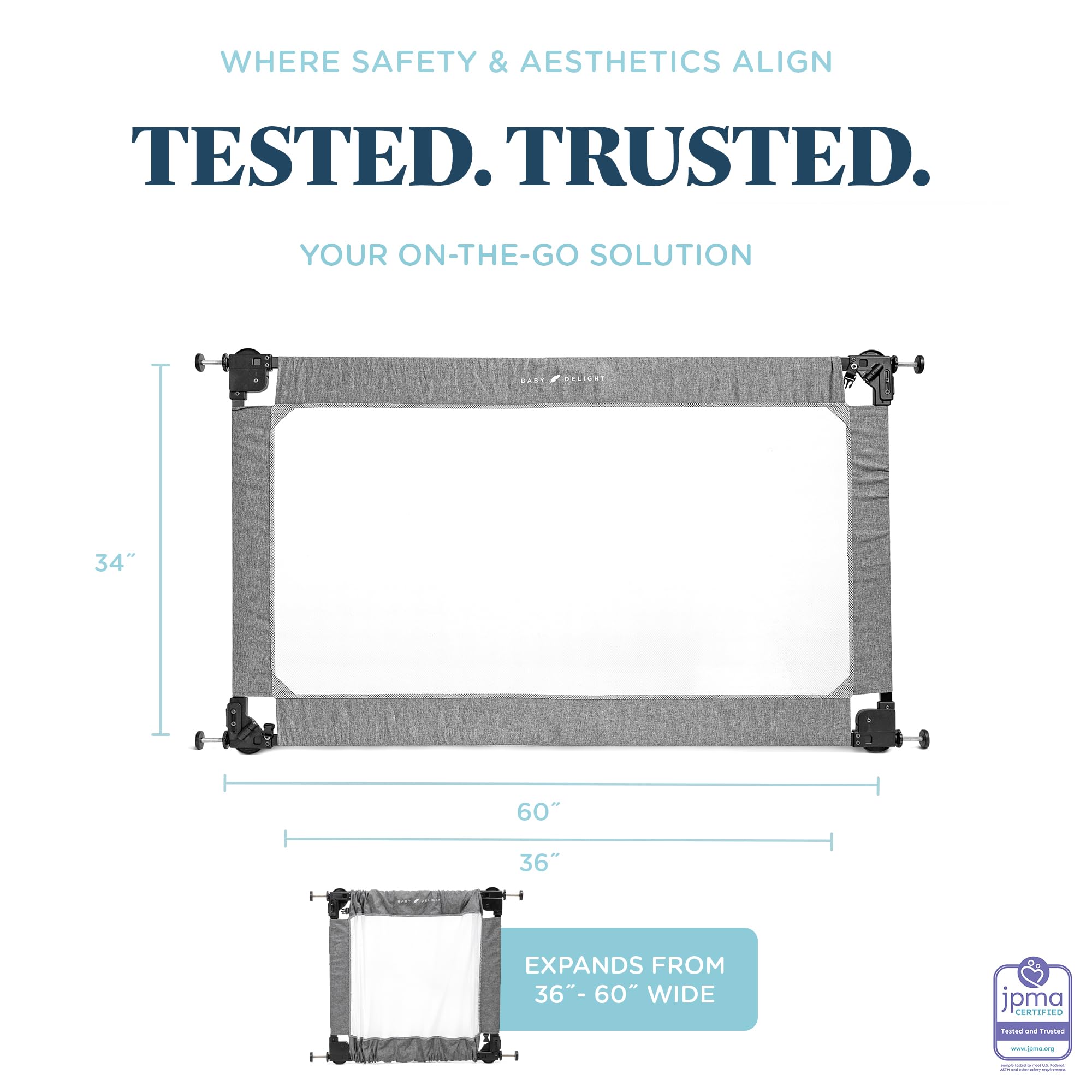 Baby Delight Go with Me Portable Mesh Baby Gate | Span 36-60'' Expandable Folding Gate | Pressure Mounted | Charcoal Tweed