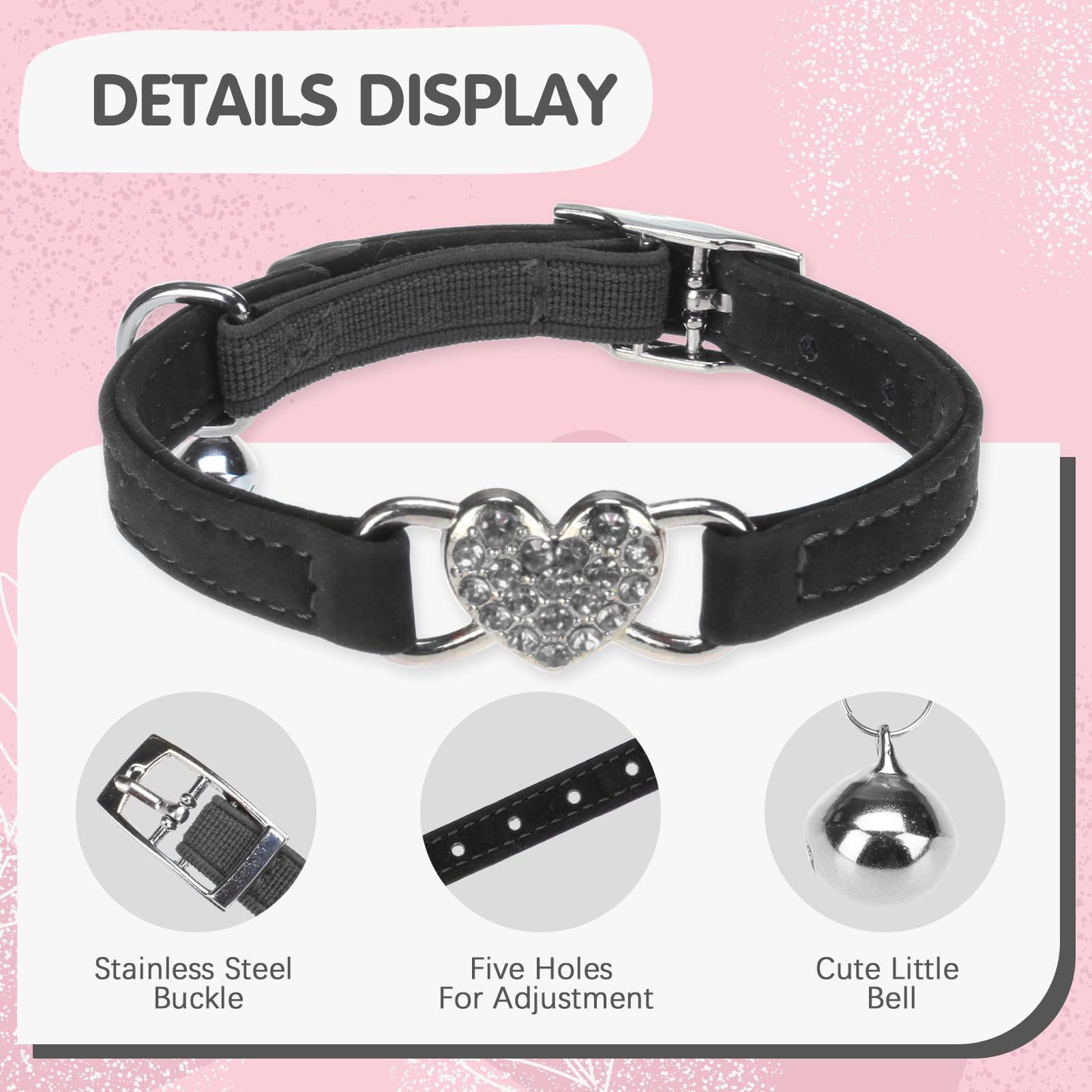 Bingpet Diamond Cat Collar,Adjustable Soft Velvet Leather Safe Kitten Collar With Crystal Heart Charm And Bells,Girl Boy Bling S
