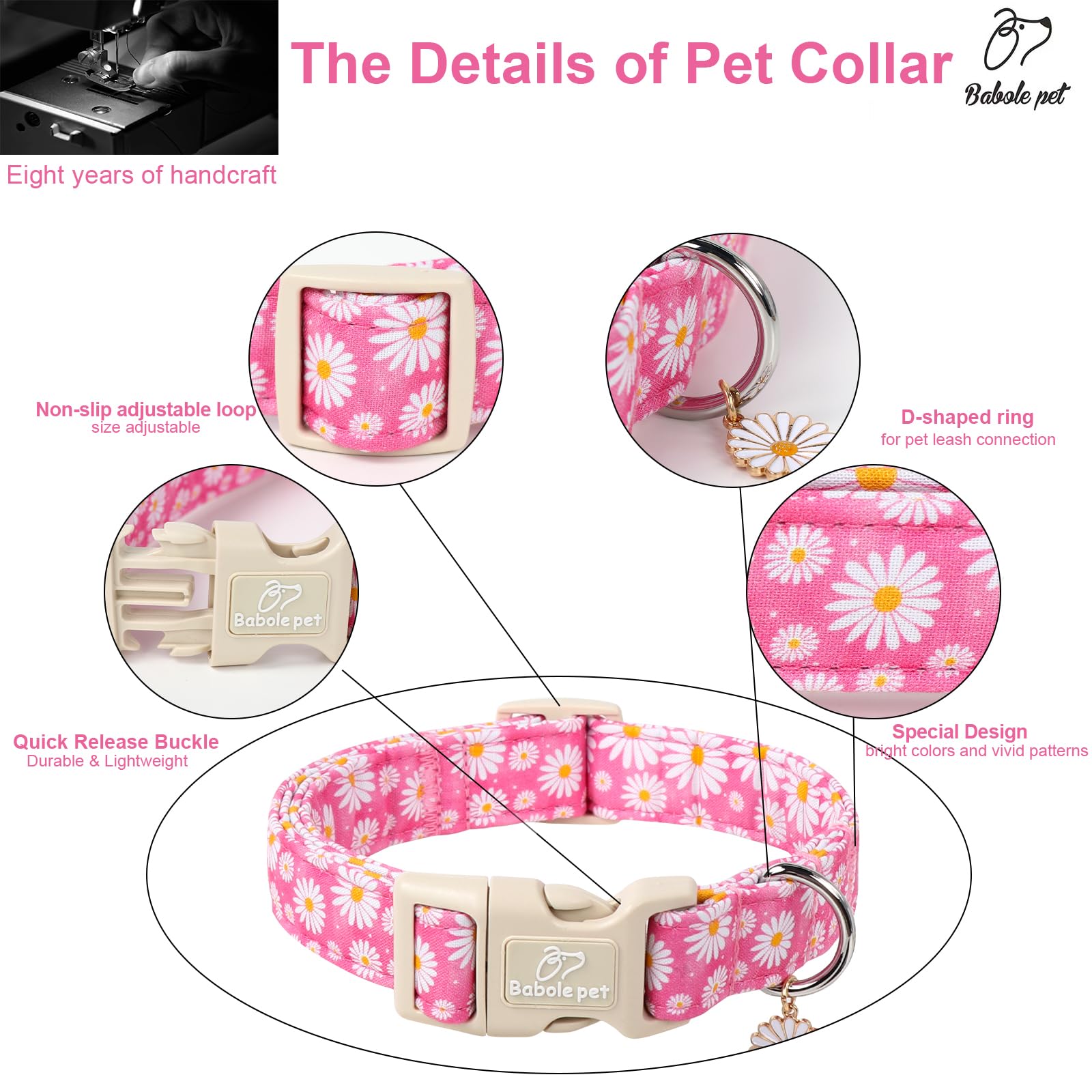 Babole Pet Summer Daisy Dog Collar, Cute Floral Adjustable Pink Dog Collars For Large Dogs, Lightweight Quick-Release Buckle Col
