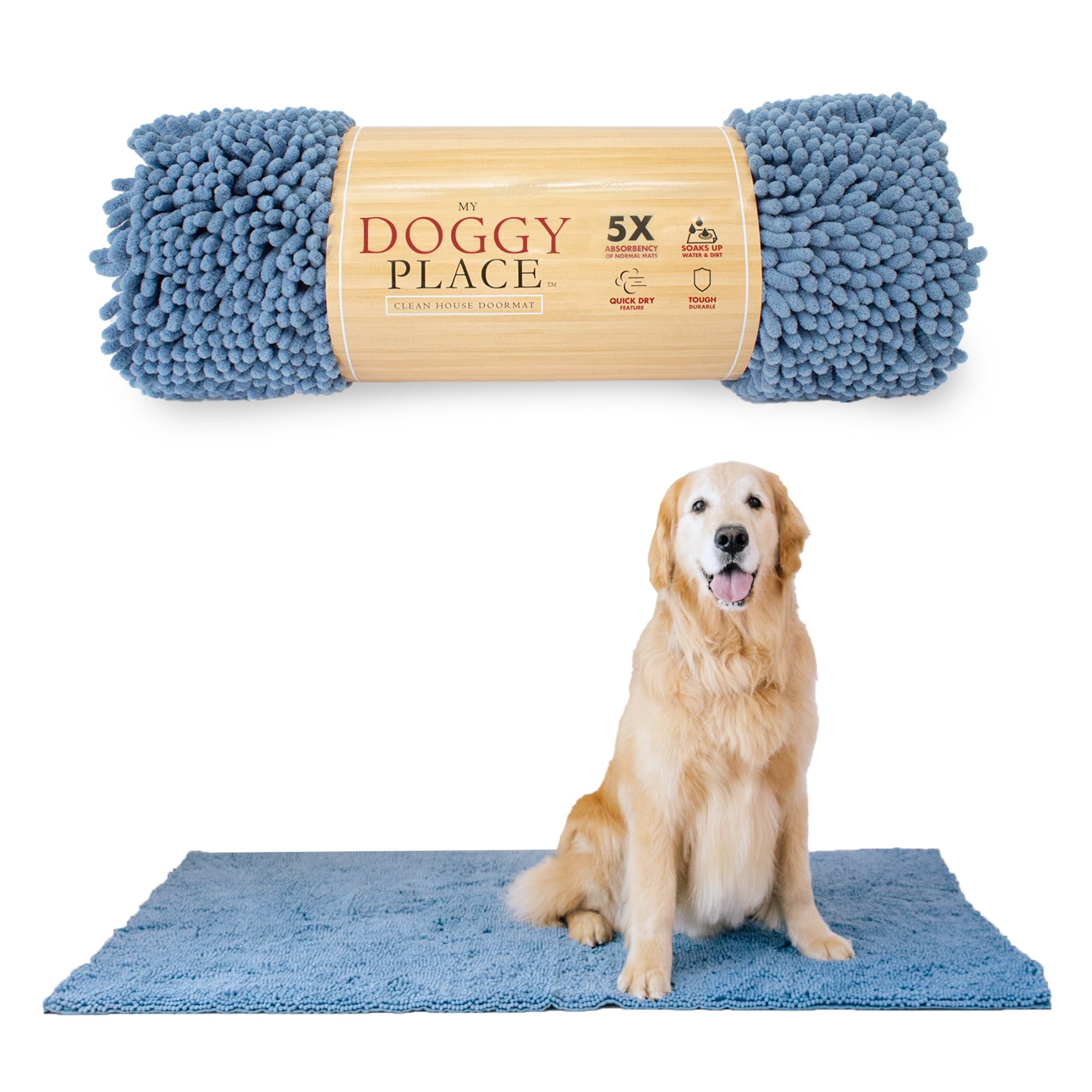 My Doggy Place Microfiber Dog Mat for Muddy Paws, 60 x 36 Faded Denim - Non-Slip, Absorbent and Quick-Drying Dog Paw Cleaning Ma