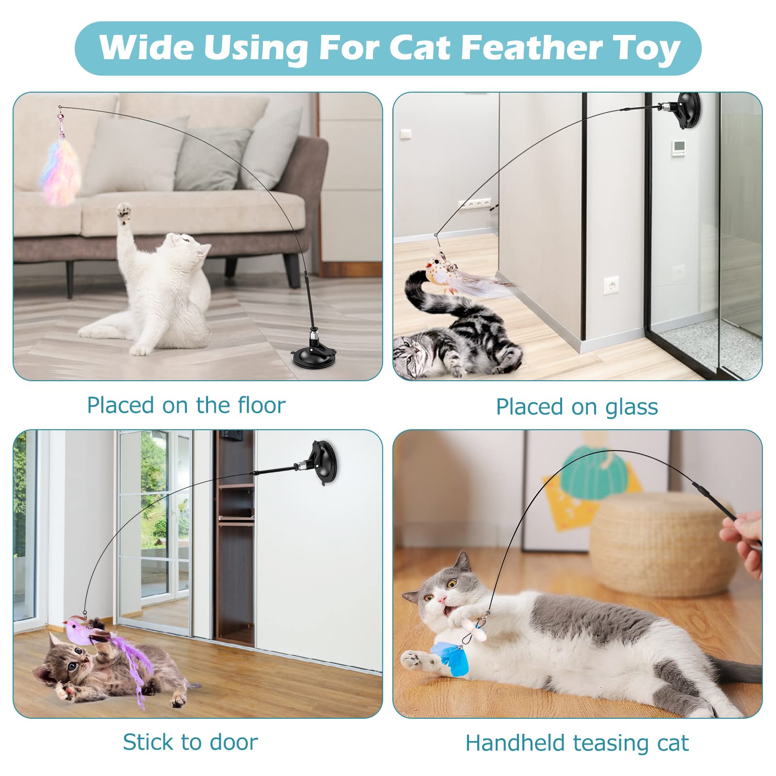 Hosfroll Cat Toys Wand, Interactive Cat Toy With Super Suction Cup Sticky Detachable 12 Pcs Feather Replacements 2 Wands Cat Spring Feather Toys For Indoor Cats Kitten Toys (4 Birds Replacements)