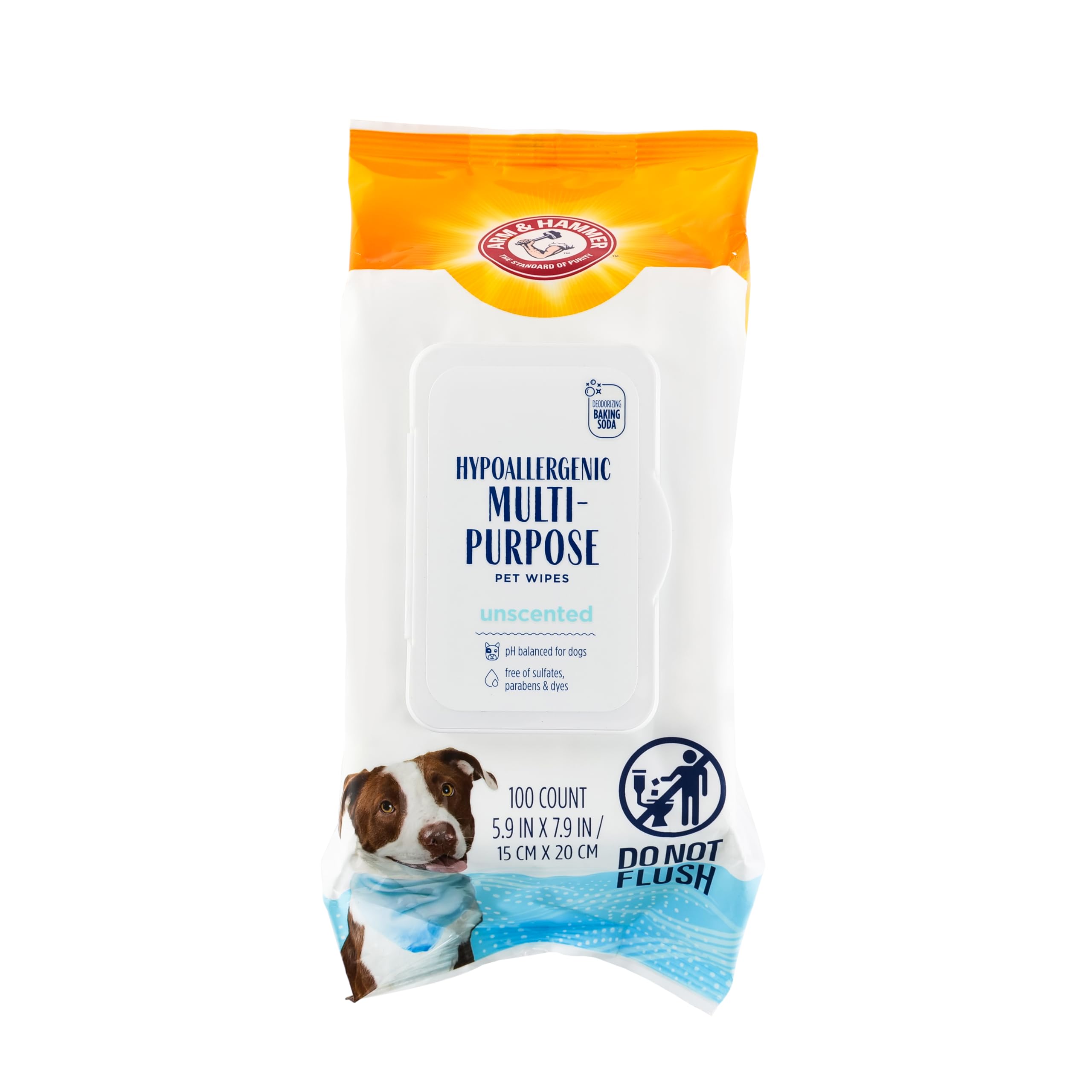 Arm and Hammer for Pets Hypoallergenic Wipes for Dogs, Unscented - Odor Eliminating Waterless Cleaning Wipes with Baking Soda, G