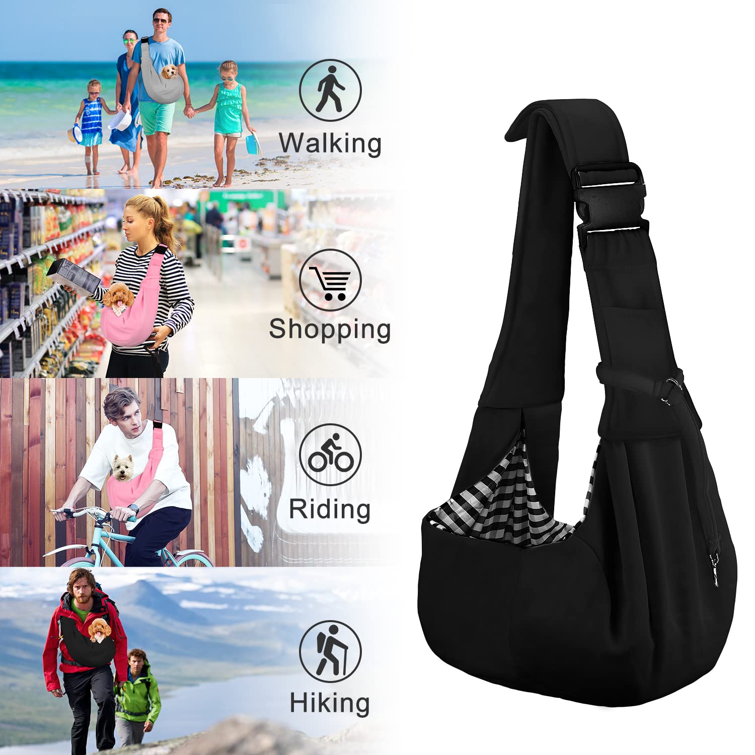 PETLOFT Reversible Dog Cat Sling Carrier - Adjustable Hands-Free Crossbody for Pets up to 11lb, Black, 21L x 9.1W x 8.3H