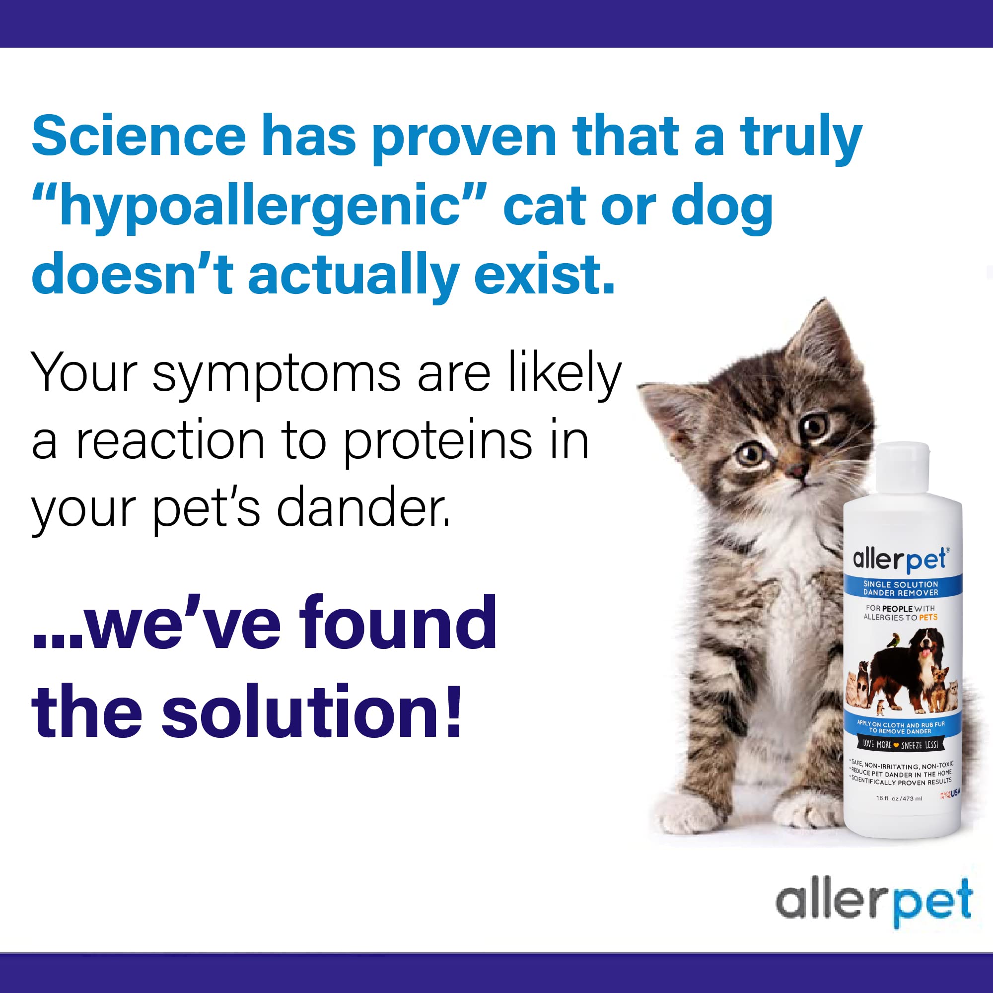 Allerpet Single Solution 16 Fl Oz Bottle Dander Remover For Pets (2 Pack) - Relieves Allergies - Bonus Mitt To Easily Apply Solution To Your Pet