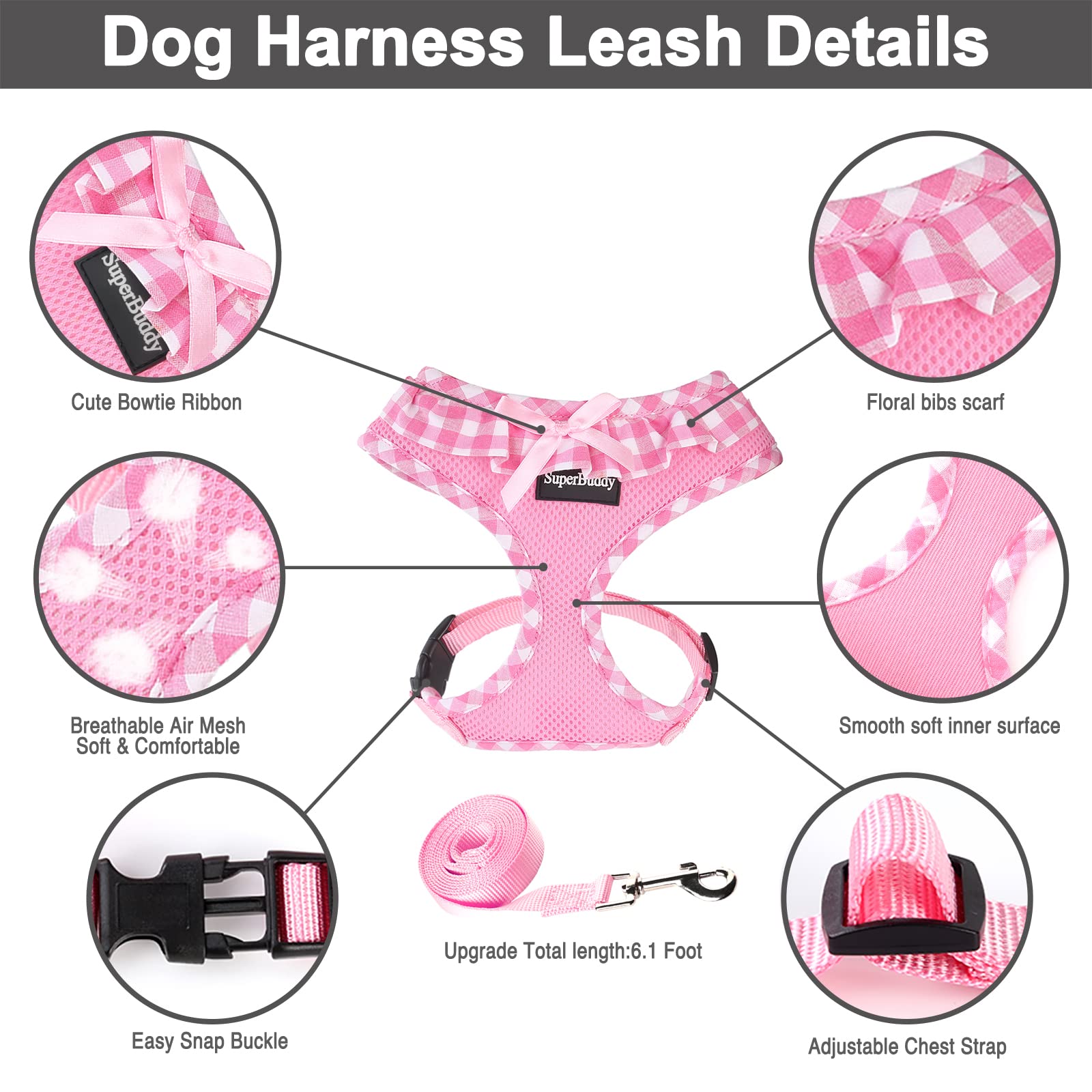 Superbuddy Upgraded Soft Mesh Dog Harness, Super Breathable Lightweight Pet Harnesses For Puppy Dogs Outdoor Walking, Pink Dog H