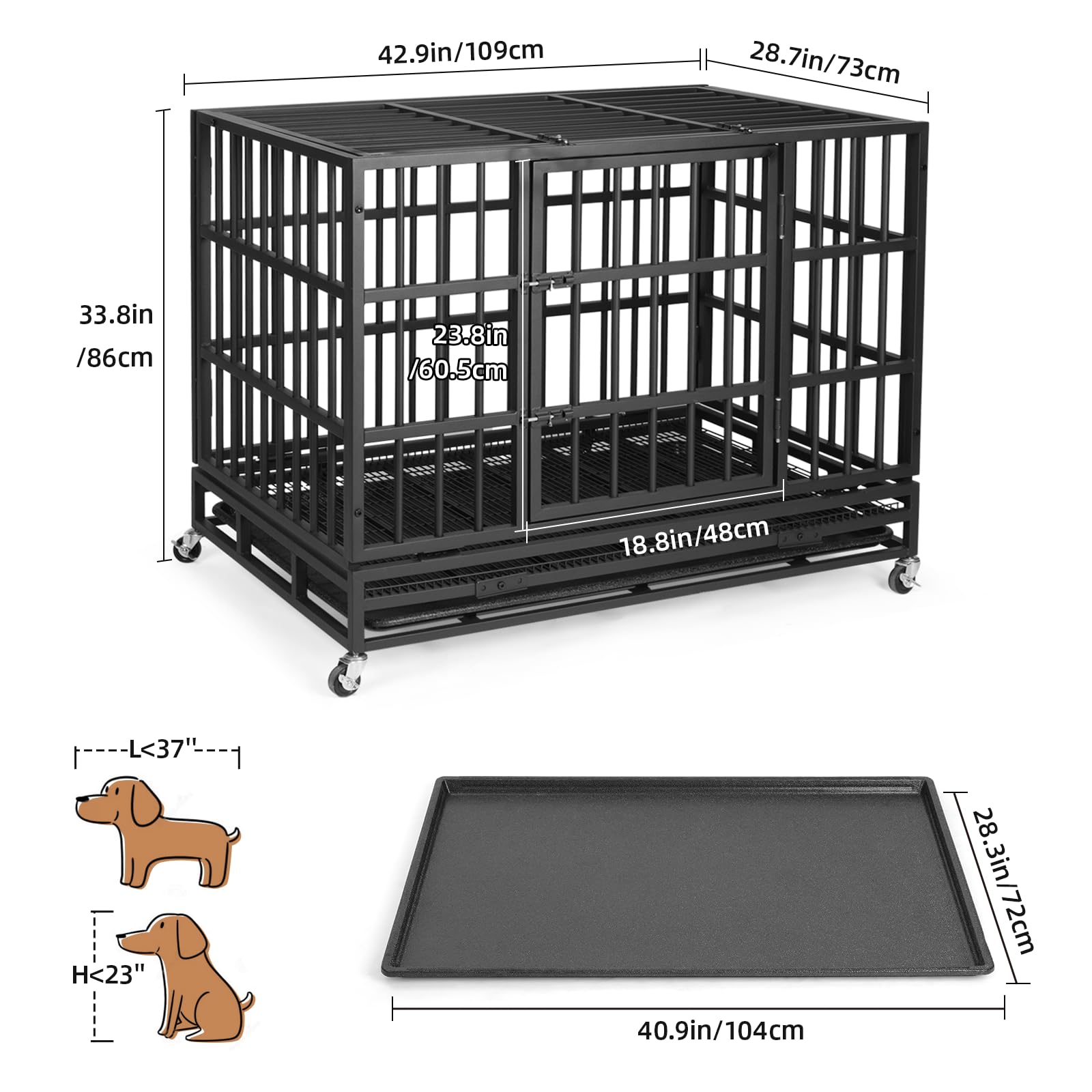 Vowner 42    Heavy Duty Indestructible Dog Crate, High Anxiety Dog Crate, Escape Proof Dog Cage Kennel With 4 Lockable Wheels, D