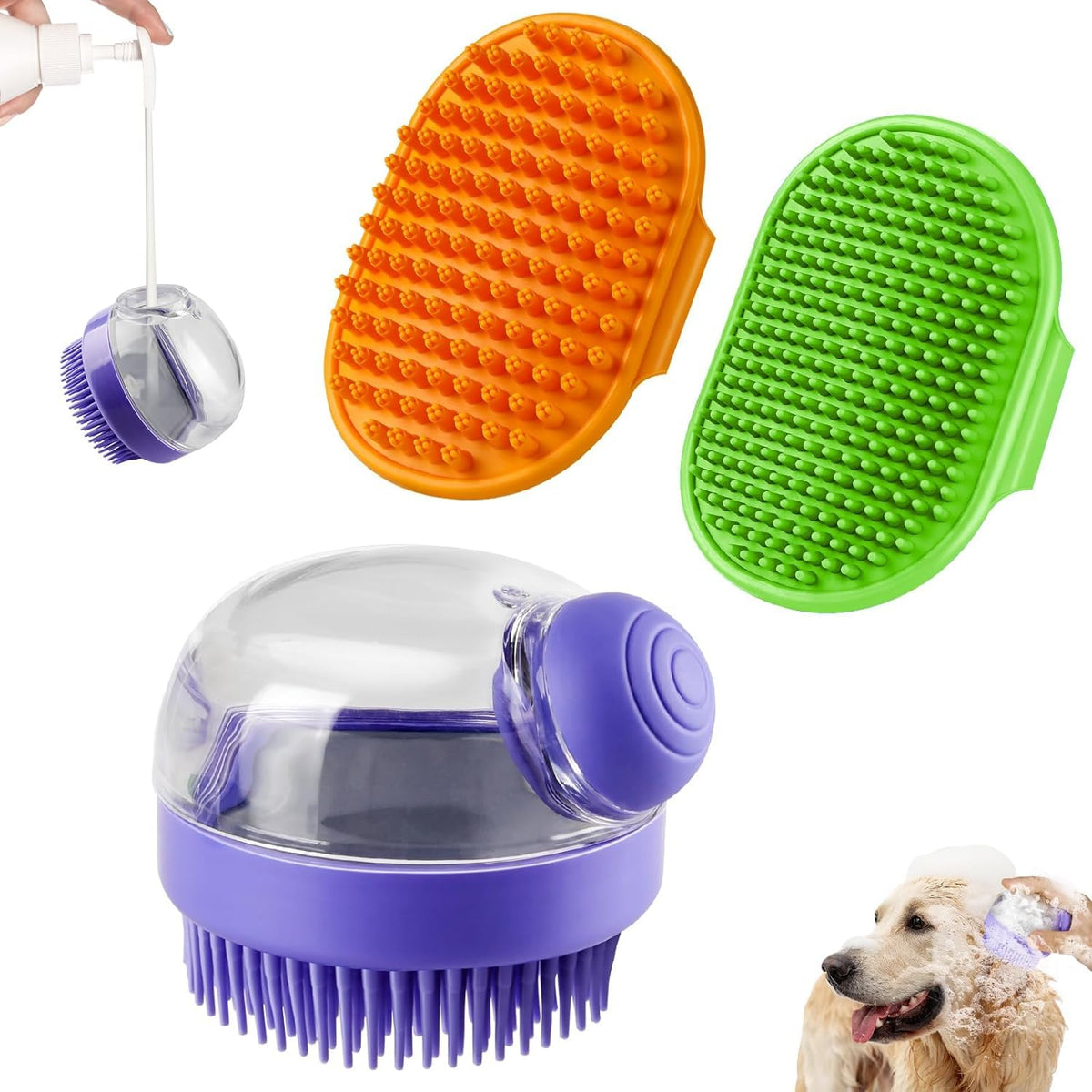 Comotech 3Pcs Dog Bath Brush | Dog Shampoo Brush | Dog Scrubber For Bath | Dog/Grooming/Washing Brush Scrubber (Purple Green Orange)