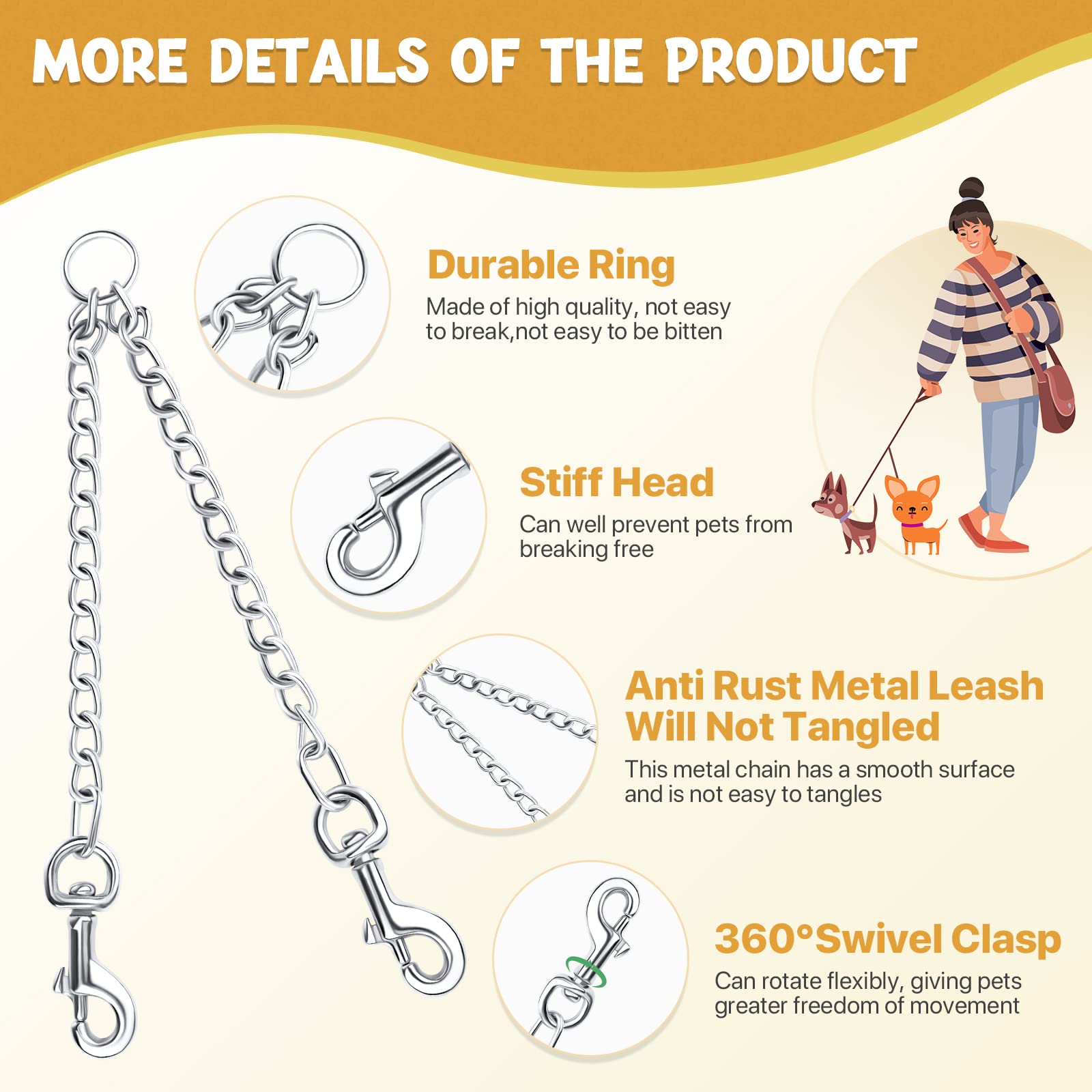Pettom Heavy Duty 2 Way Dog Lead Metal Chain Double Pet Clip Leash Coupler (M 3.5Mm*60Cm Double Leash, Silver)