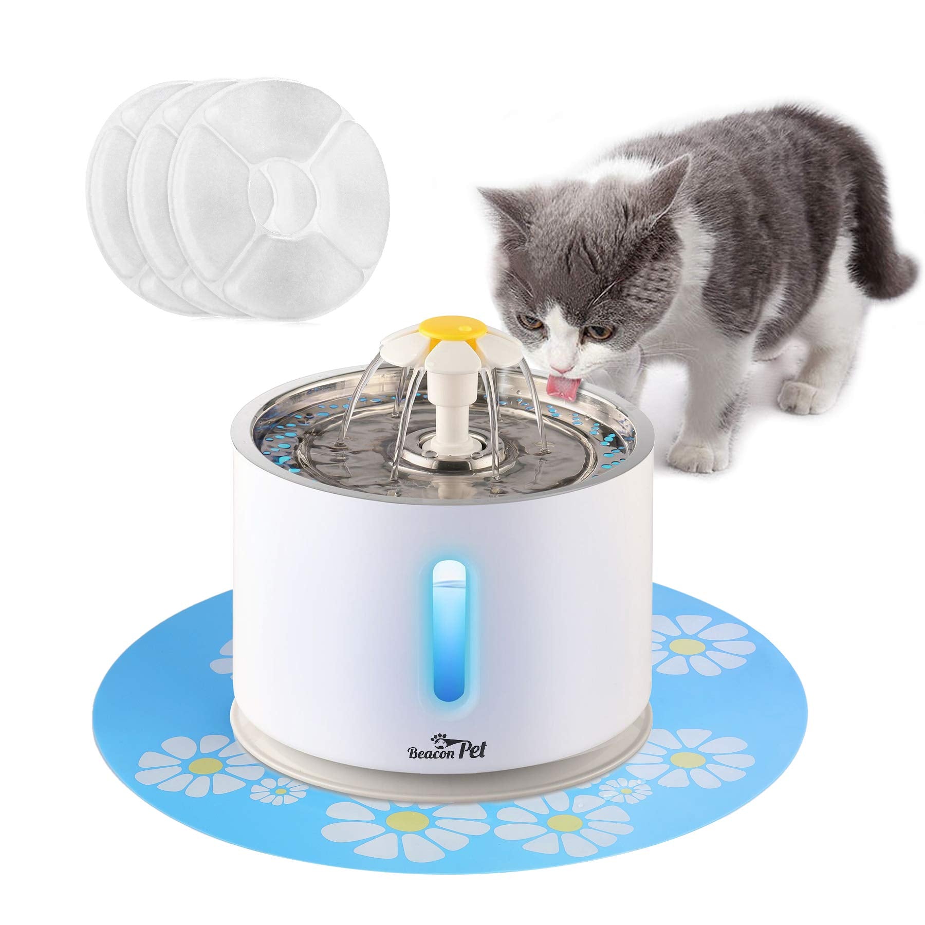 Beacon Pet Cat Water Fountain Stainless Steel, 2.4L Automatic Pet Fountain Upgrade Pump Replacement Water Dog Dispenser with 3 R