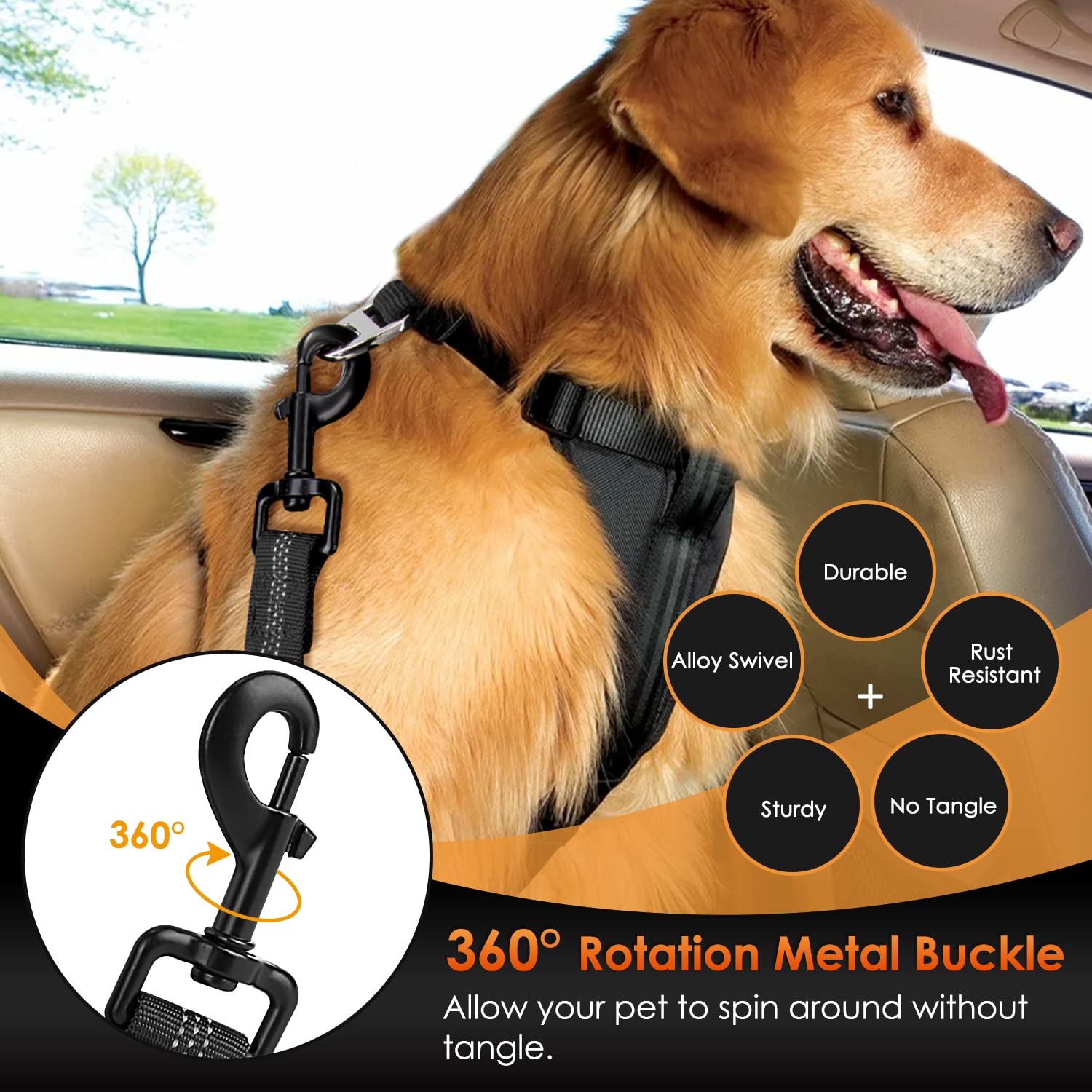 Slowton Dog Seat Belt, Adjustable Dog Safety Belt Leash, 2 In 1 Latch Bar Attachment Dog Car Seatbelt With Elastic Nylon Bungee Buffer, Reflective Nylon Belt Tether Connect To Dog Harness(Bl,35.5In)