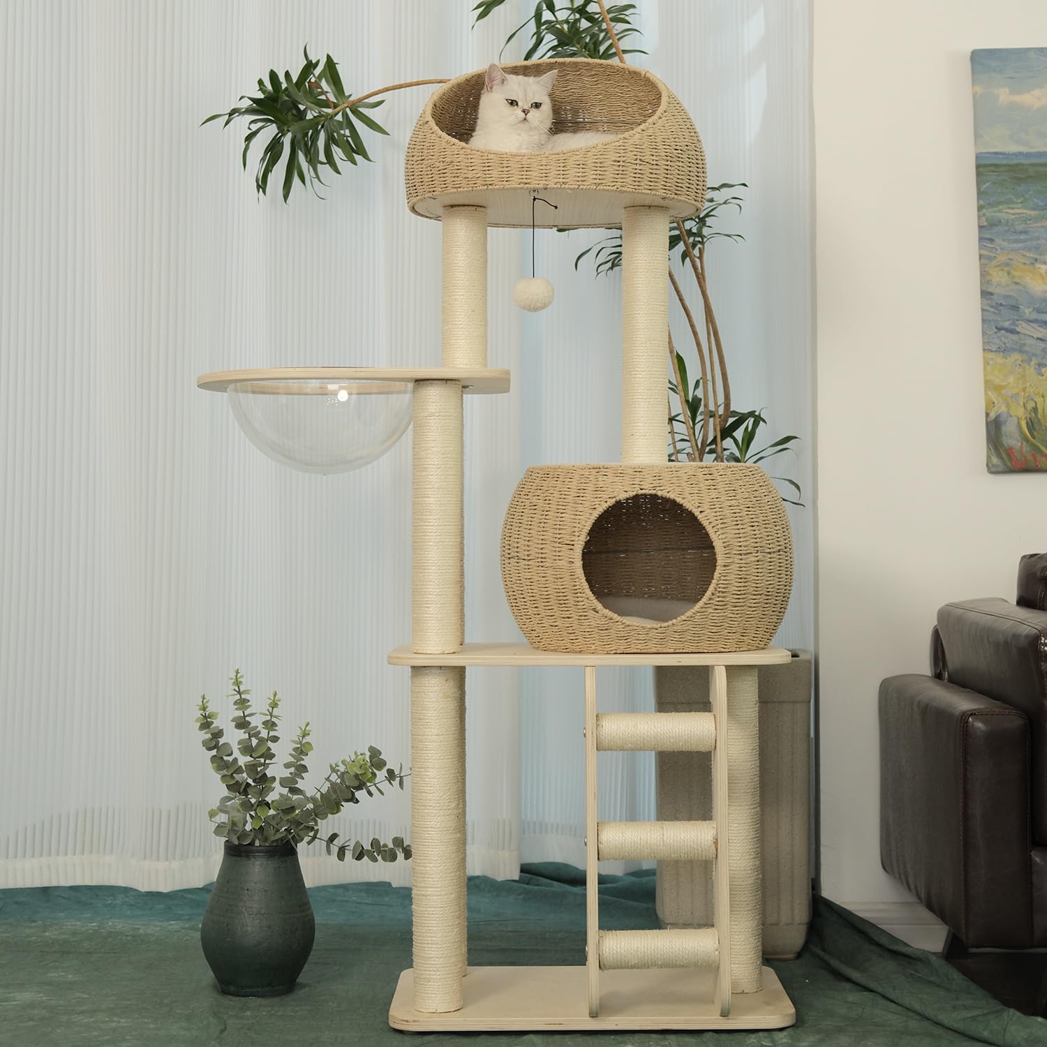 Pawlabay Rattan Cat Tree For Indoor Cats,Tall Cat Tree Tower With Cat Scratching Post,Wood Cat Tower For Indoor Cats,57.5 Inch T