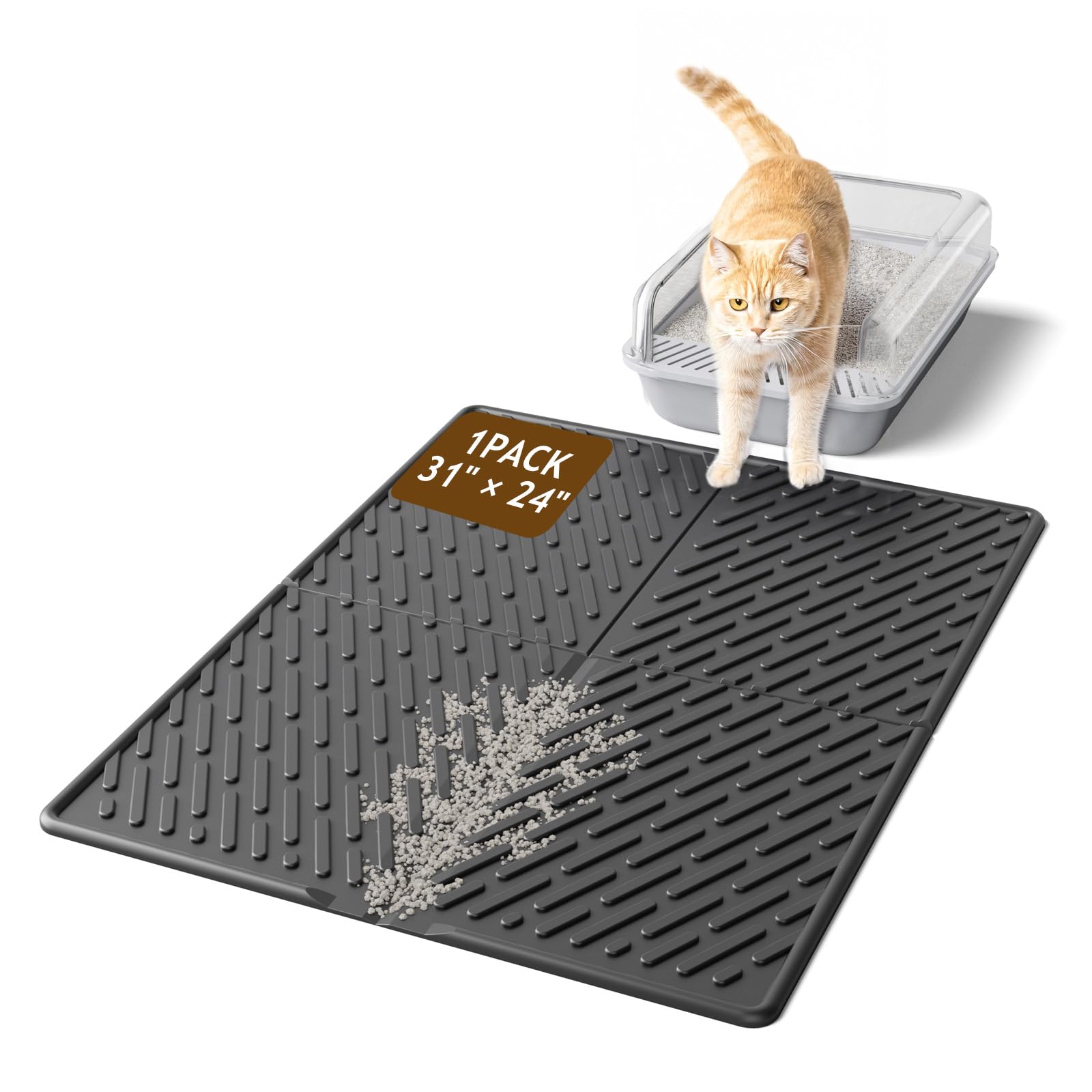 Kaxionage Cat Litter Mat With Grooves & Raised Edge, Urineproof/Waterproof,Litter Scattering Control,Easy To Clean (31 * 24In-Bl