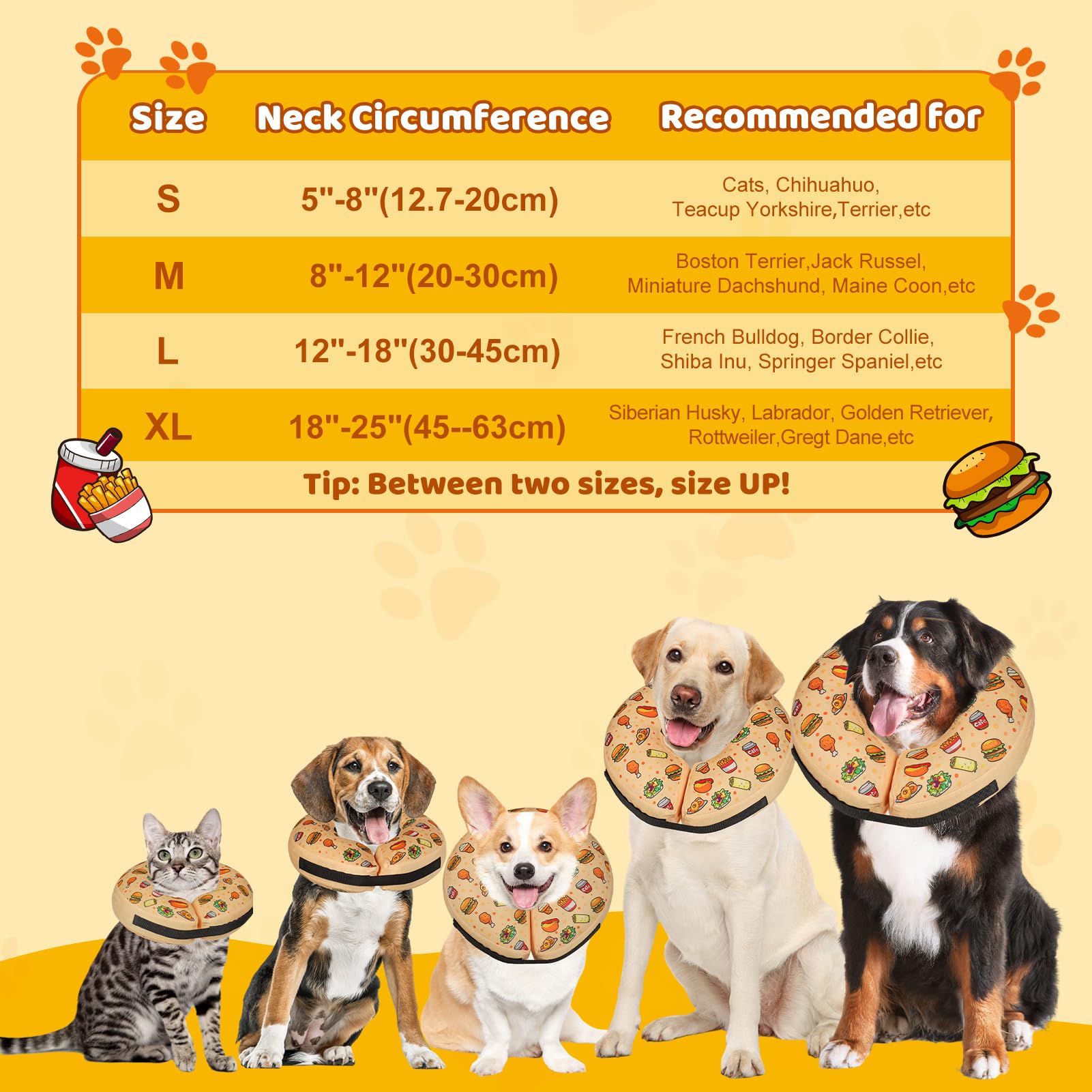 Grand Line Hamburger Inflatable Collar for Dogs and Cats, Soft Protective Recovery Cone After Surgery, Blow up Pet Collar Cone,