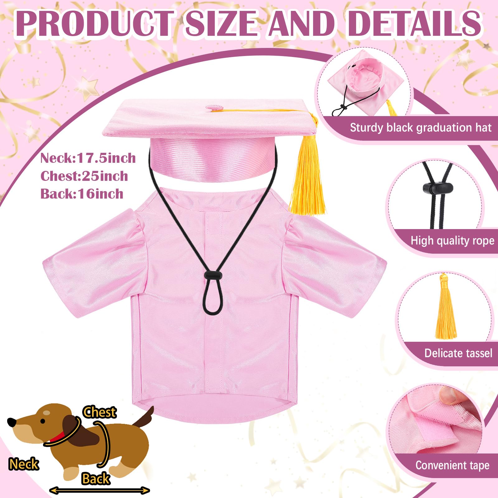 Bunnycool Dog Graduation Cap And Gown 2025 Washable Pet Graduation Costume For Dog Cat Shirt And Hat(Pink)