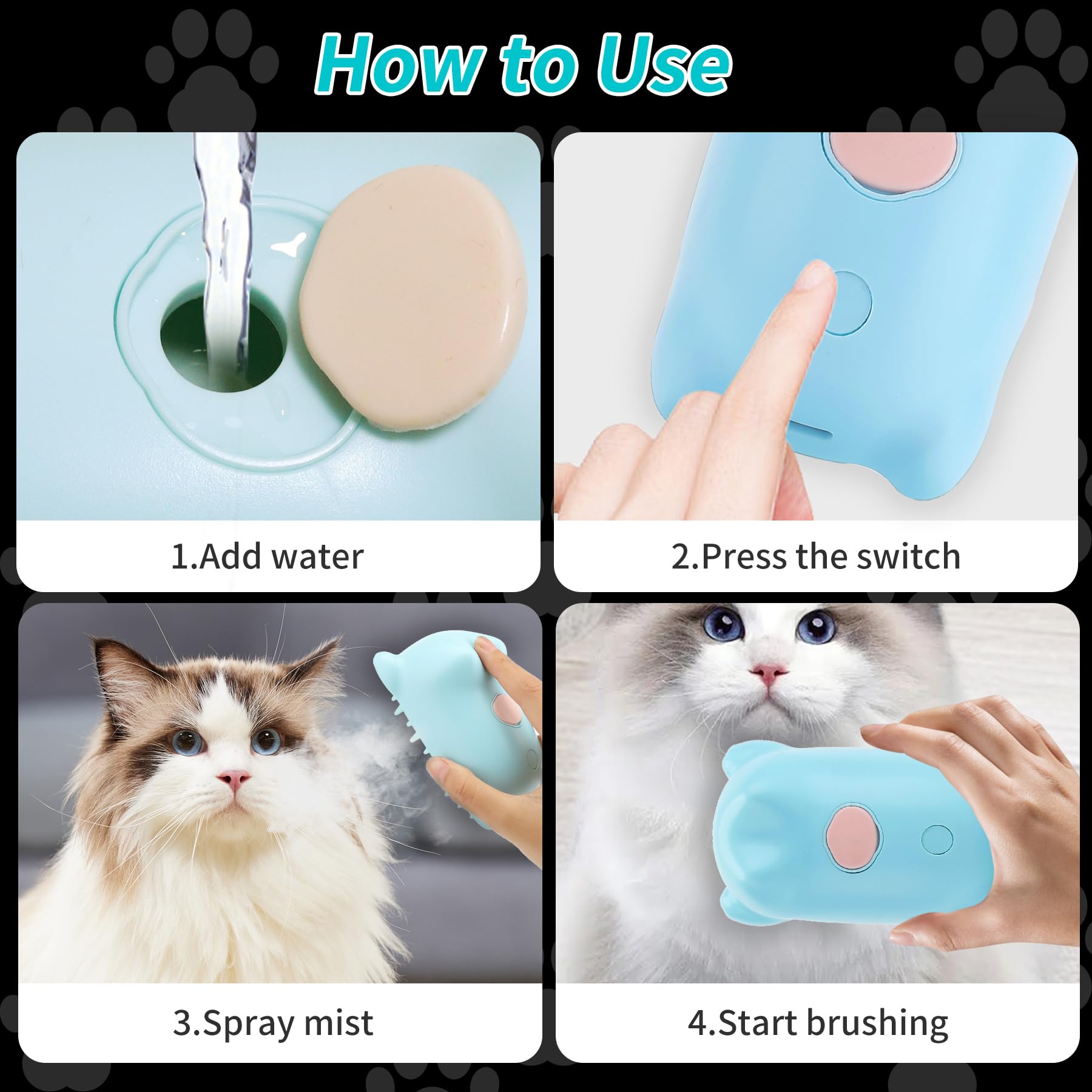 Steam Brush 3 In 1 For Shedding Grooming, Rechargeable Silicone Pet Brush For Cat Dog Massage And Clean Comb - Blue