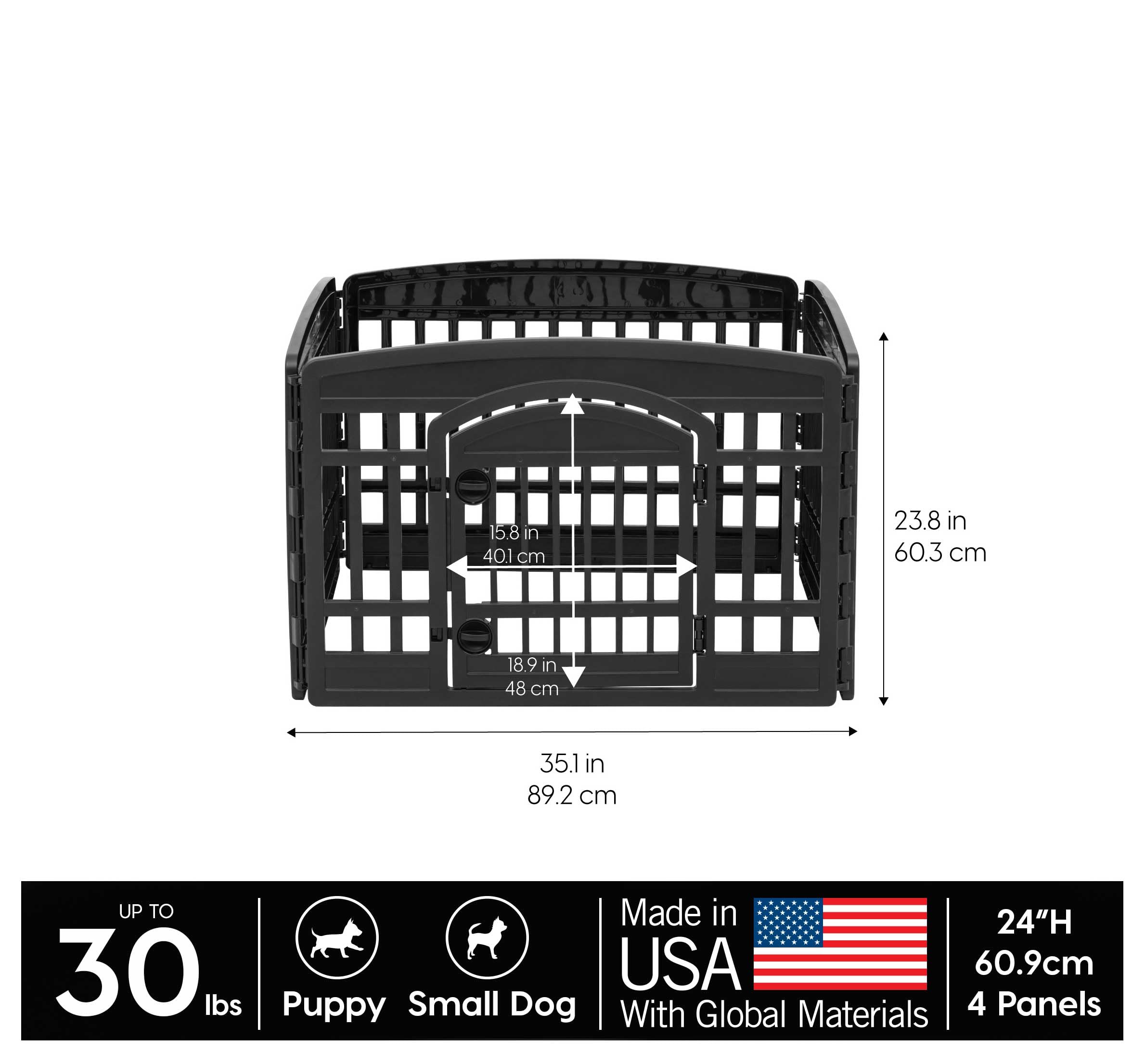Iris Usa 24' 4-Panel Pet Playpen With Door, Dog Playpen For Puppy Small Dogs Keep Pets Secure Easy Assemble Easy Storing Customizable Non-Skid Rubber Feet, Black