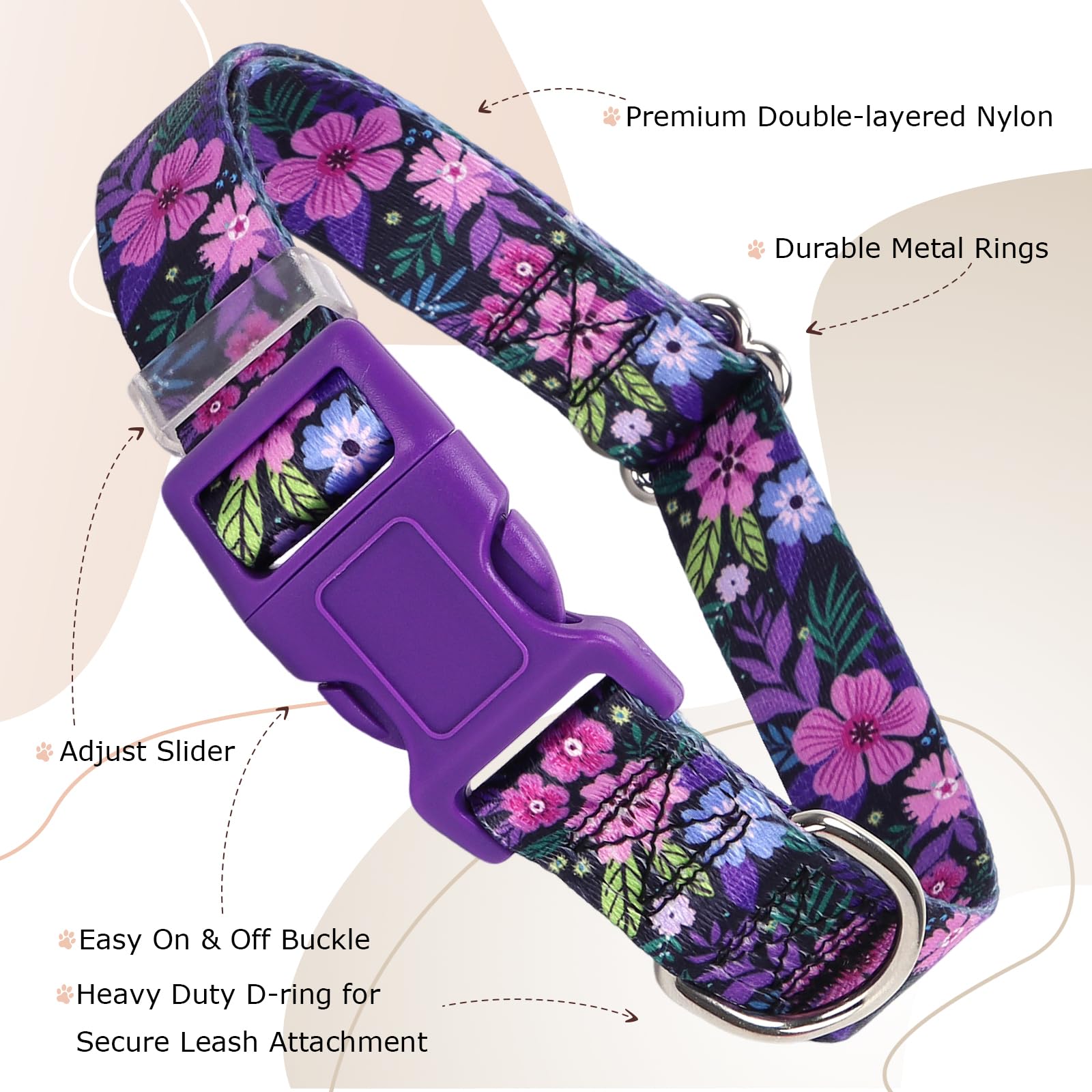 Purple Dog Collars For Large Dogs,Cute Girl Dog Collar With Boho Flowers Patterns,Adjustable Comfy Soft Durable Pet Cat Collar F