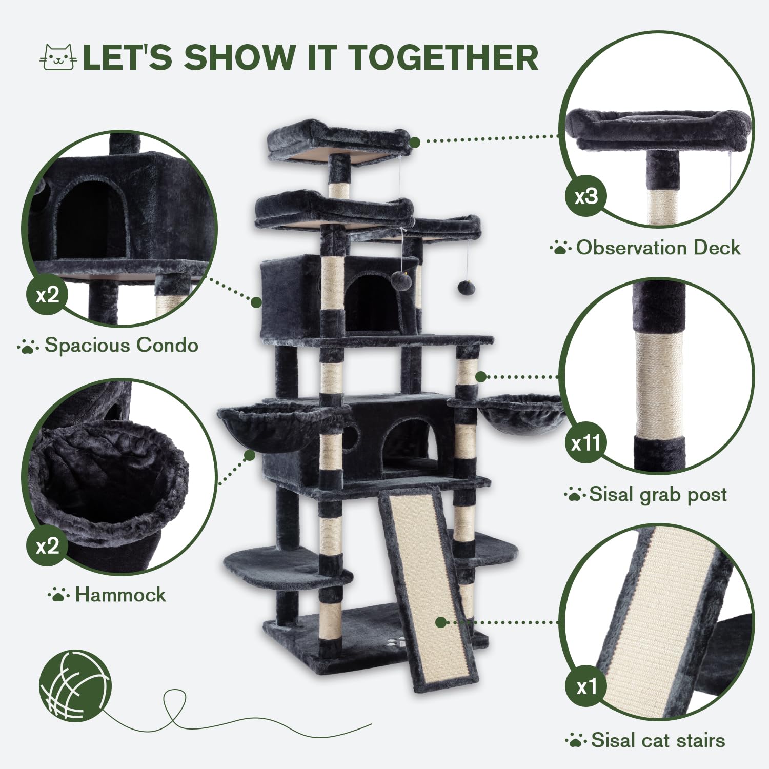 Imusee 68 Inches Multi-Level Large Cat Tree Tower With Cat Condo/Cozy Plush Cat Perches/Sisal Scratching Posts And Hammocks/Cat Activity Center Play House/Smoky Grey