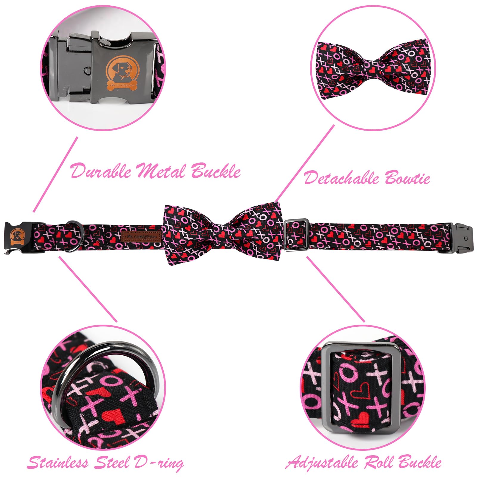 Mr. Chubbyface Valentine'S Dog Collar With Bowtie, Xoxo Red Heart Dog Collar With Metal Buckle, Cute Adjustable Boy Girl Female