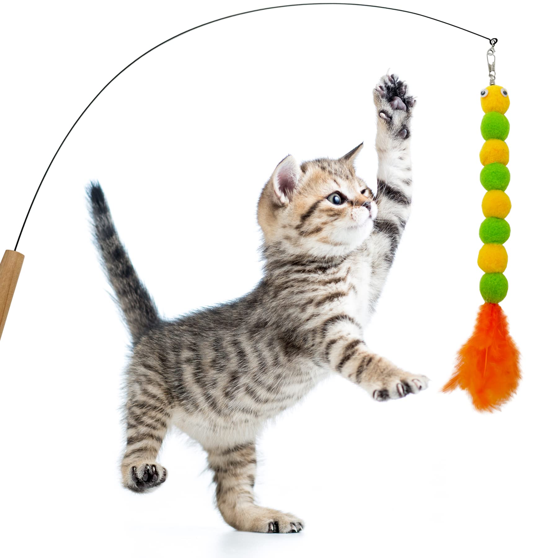 Cateneed Cat Wand Replacement Worm Cat Toys, 8 Pieces Cat Wand Attachments Assorted Worms Feather Refill Toy For Indoor Cats