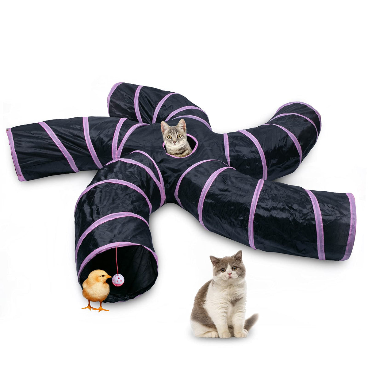 Egetota Cat Tunnel For Indoor Cats Large, With Play Ball S-Shape 5 Way Collapsible Interactive Peek Hole Pet Tube Toys, Puppy, Kitty, Kitten, Rabbit (Pink & Black)