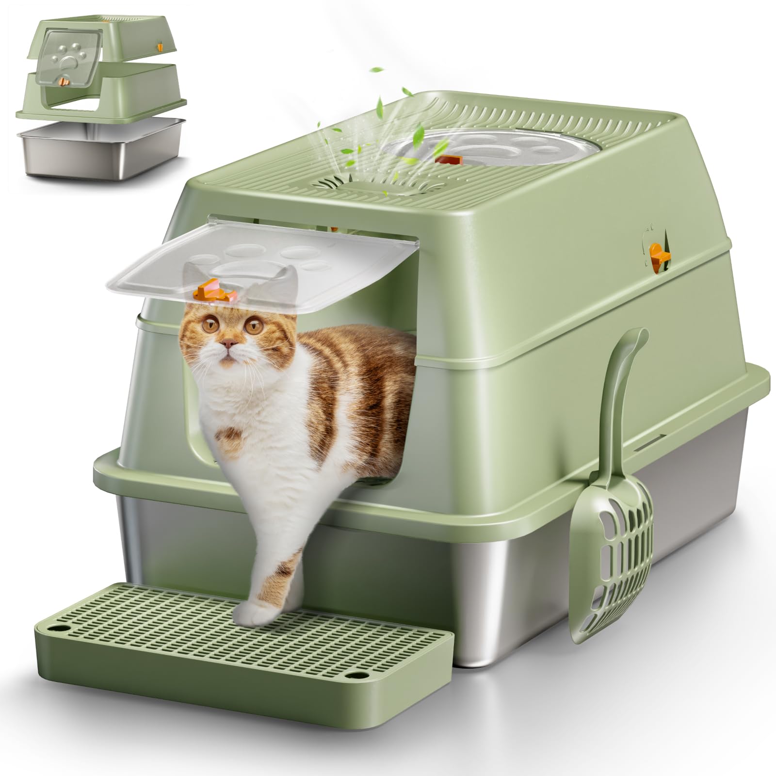 Eosarcu Stainless Steel Cat Litter Box with Lid, XL Large Enclosed High Sided Litter Box with Removable Lid, Carbon Filters -Odo