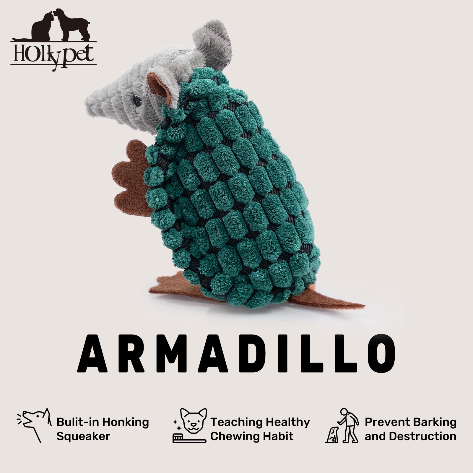 Hollypet Plush Dog Squeaky Toy Stuffed Armadillo Animal Pet Puppy Chew Toys With Clean Teeth For Small Medium Large All Breed Si