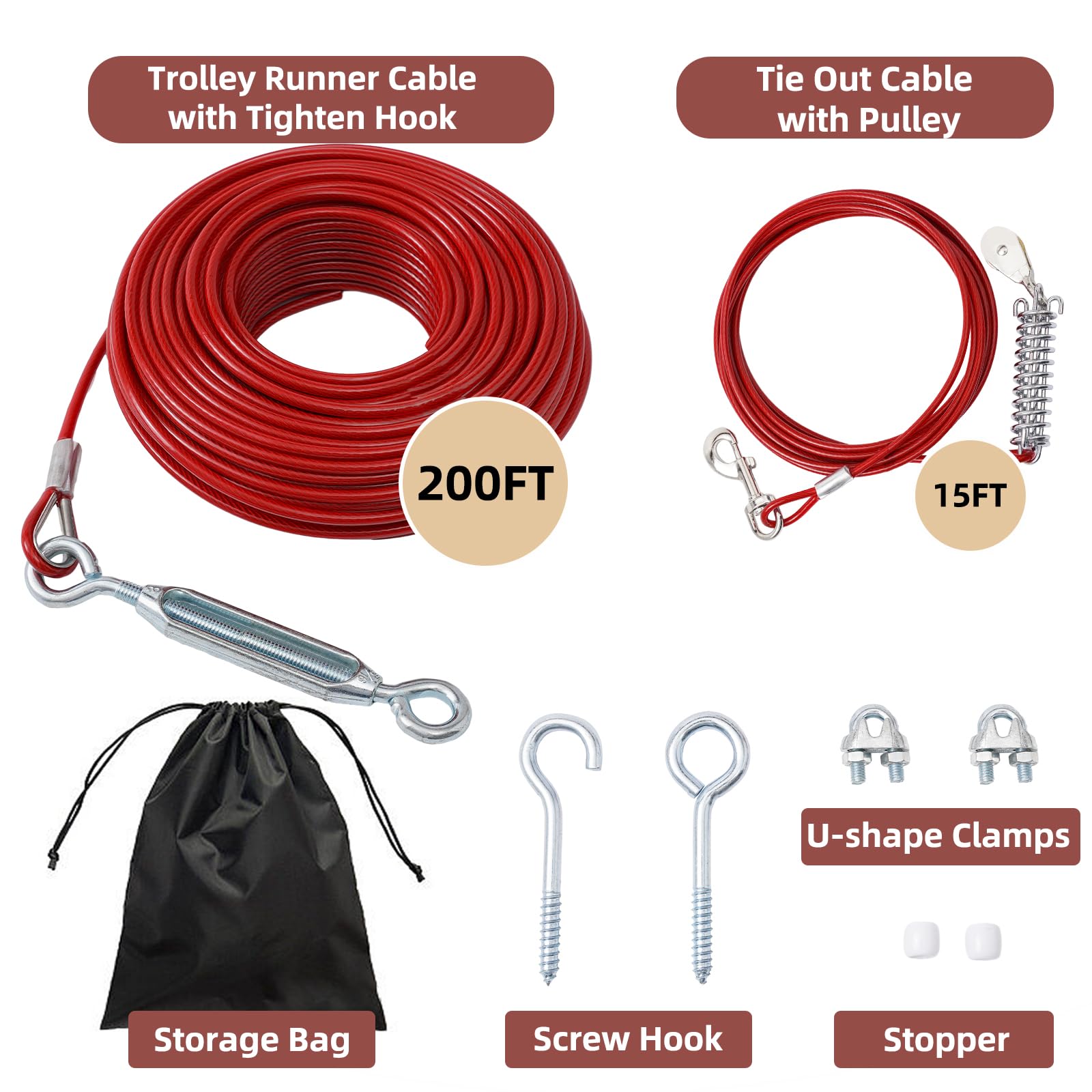 Luffwell 200Ft Long Yard Dog Runner, 15Ft Shock Absorption & Pulley Tie Out Dog Trolley System, Small To Large Dogs