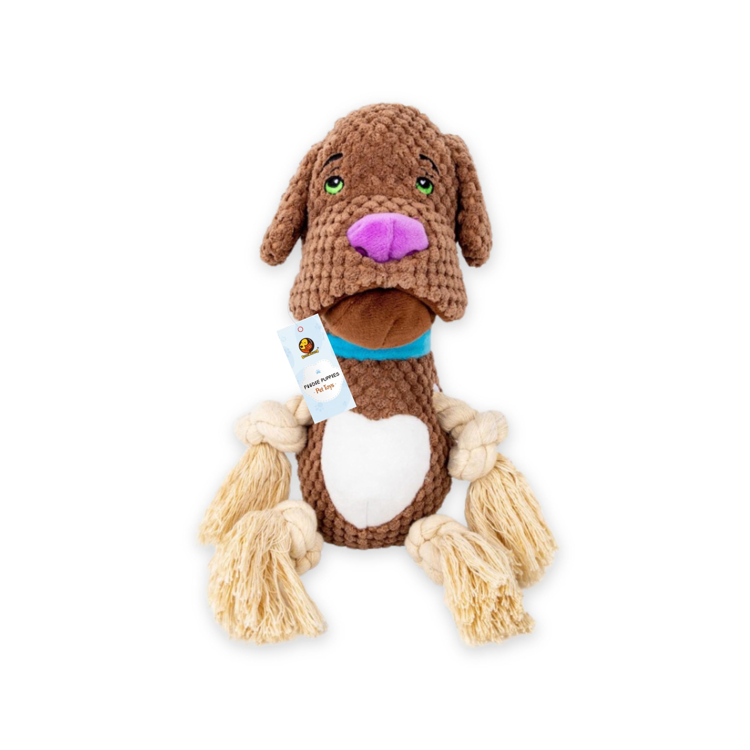 Foodie Puppies Plush Squeaky Rope Toy  (Brown Bulldog) | NonToxic, Soft, Stuffed, Teething, Playful, Cuddly Rope Toy | Plush T