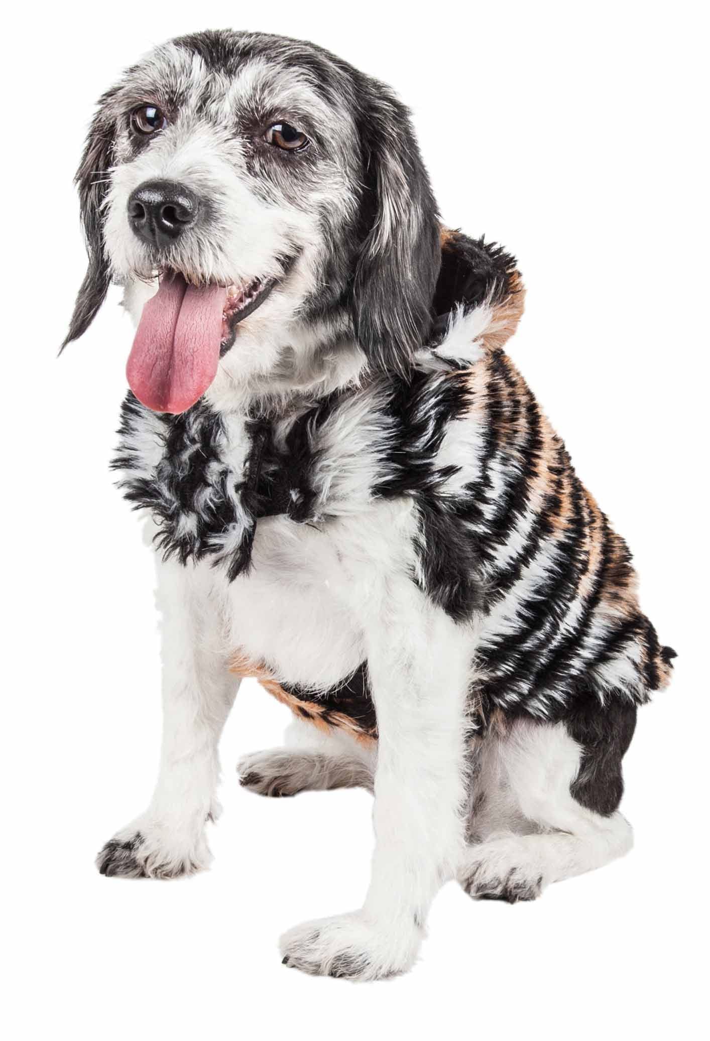 Pet Life  Luxe Tigerbone Glamourous Tiger Pattern Mink Fur Winter Dog Coat - Pet Dog Jacket with Easy Hook-and-Loop Belly encl