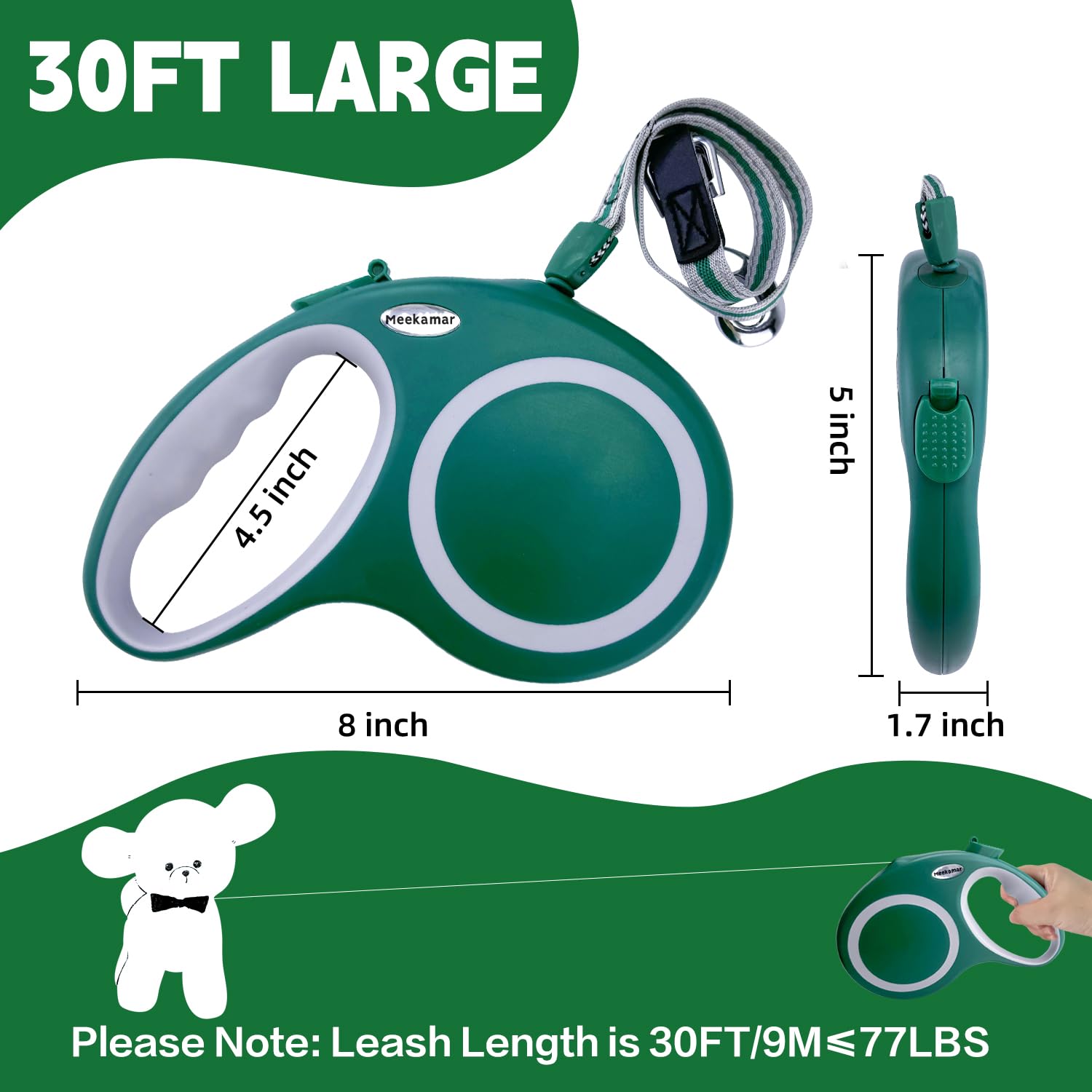 Retractable Dog Leash, Meekamar 30 Ft Dog Walking Leash For Medium Large Dogs Up To 77 Lbs, Heavy Duty No Tangle, Large