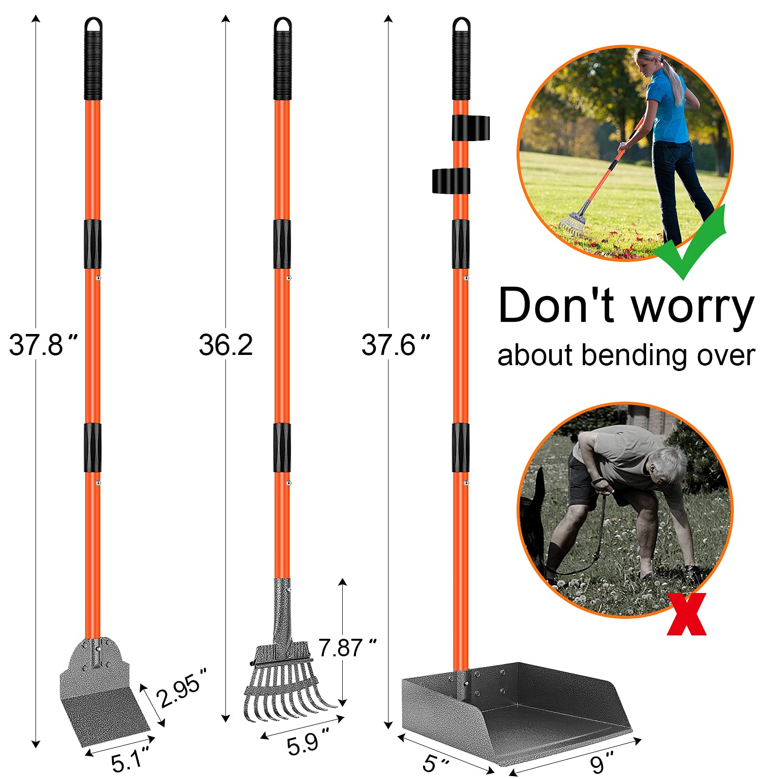 Dog Pooper Scooper, Adjustable Long Handle Metal Tray, Rake And Spade Poop Scooper For Dogs, 3 Pack Poop Scoop Pet Waste Removal Poop Scoop For Large Dogs And Pets, Great For Lawns, Grass, Gravel