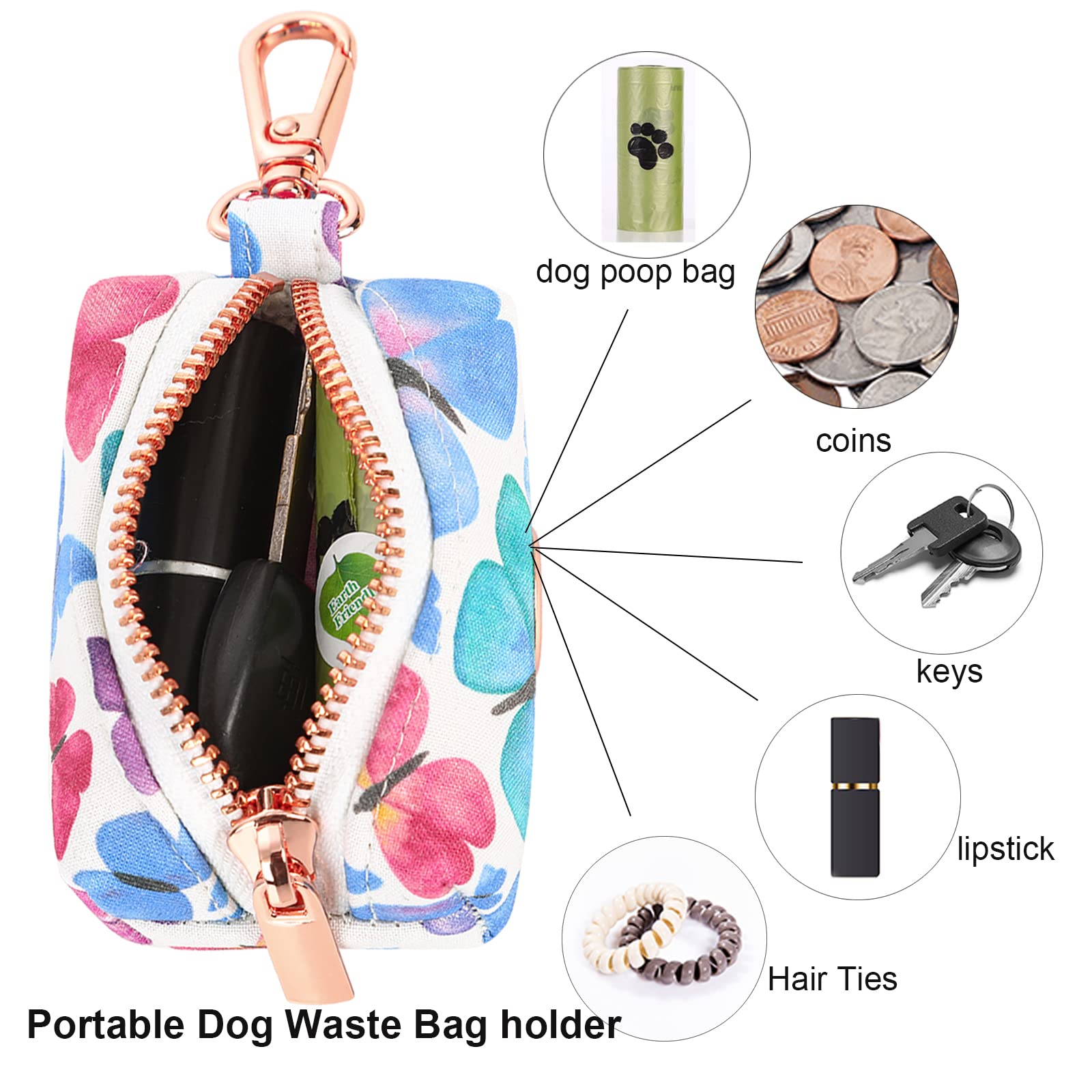 Aring Pet Dog Waste Bag Dispenser, Cotton Doggy Poop Bags Holders Attach To Any Leashes, Portable Washable Butterfly Pattern Pet Waste Pouch Dispenser With Metal Zipper