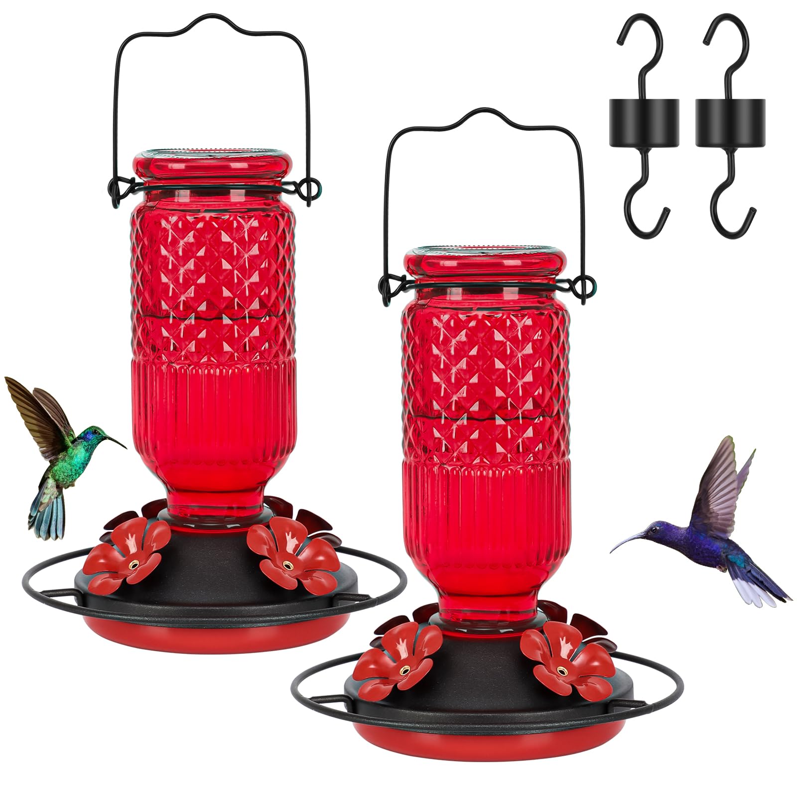 FEED GARDEN Glass Hummingbird Feeder for Outdoors Hanging, 16 OZ Humming Birds Feeders with 4 Bee Guard Feeding Ports & Built-in