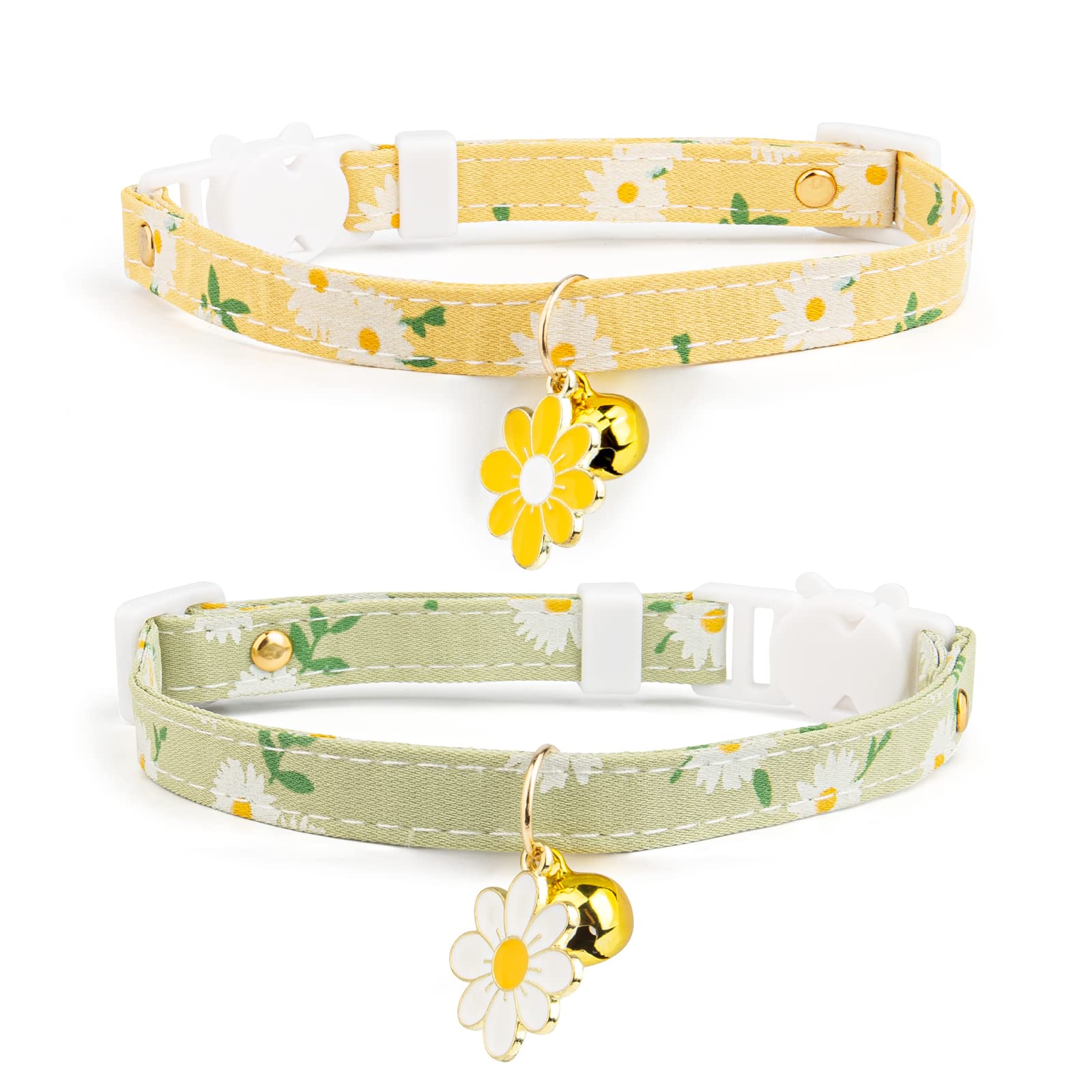 2 Pack Cotton Breakaway Cat Collar With Bell,Yellow&Green Flowers Pendant Cute Cat Collar Kitten Collar,Ideal For Girl Cats Boy 