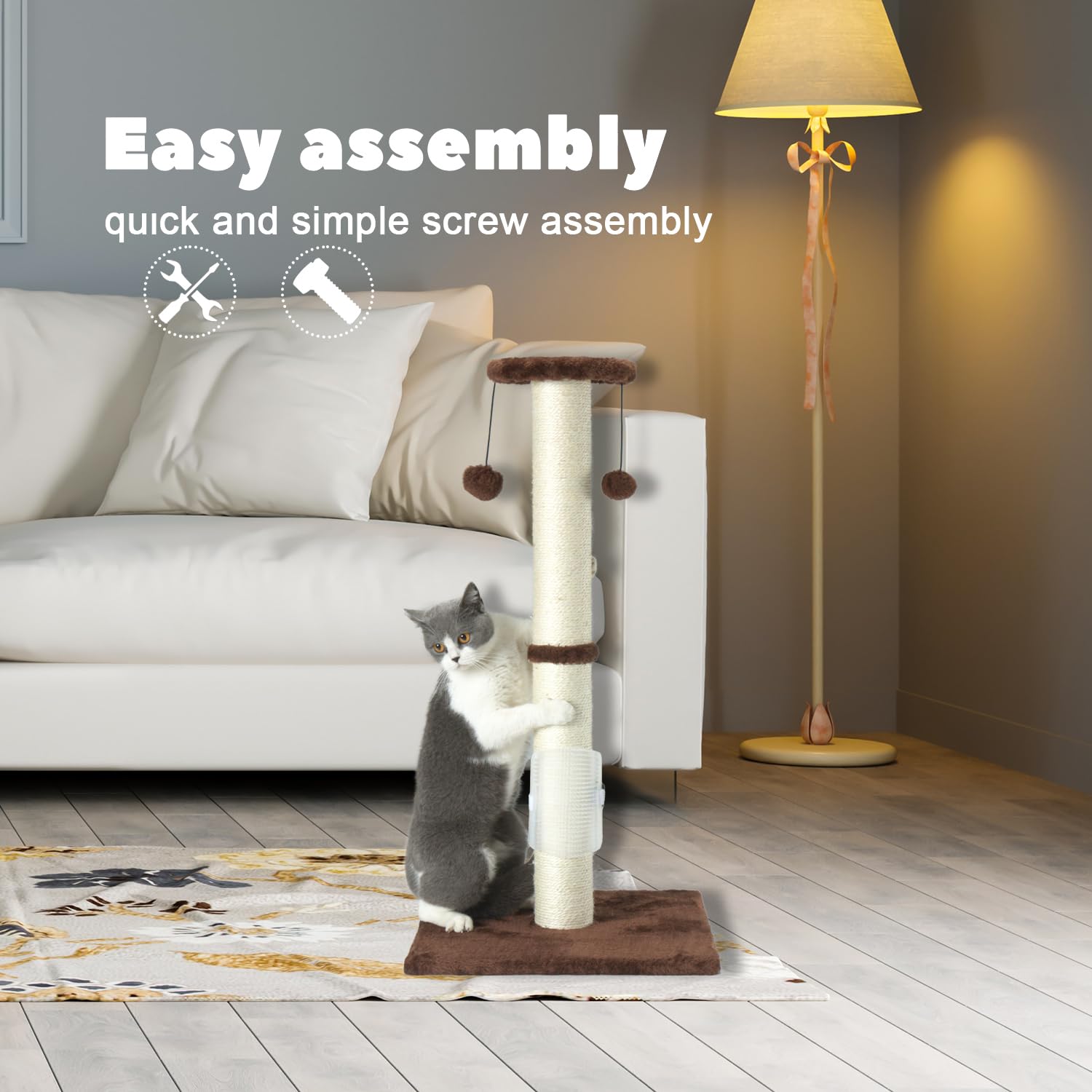 Peekab 32' Tall Cat Scratching Post Sisal Rope Scratch Posts With Hanging Ball And Self-Massage Brush Vertical Scratcher For Indoor Cats And Kittens(Brown 32Inches)