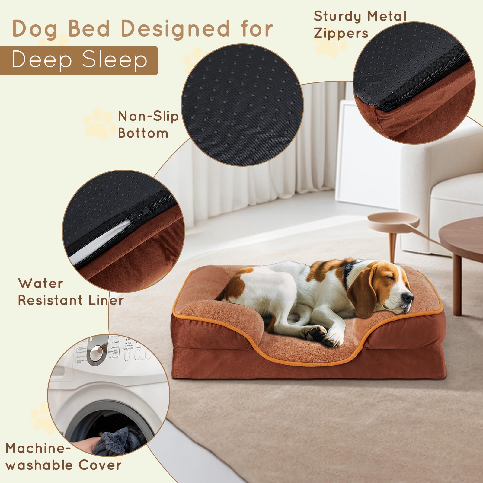 Fluffydream 28 Inch Memory Egg-Crate Foam Dog Bed, Orthopedic Pet Couch Bed With Washable Removable Cover, Brown