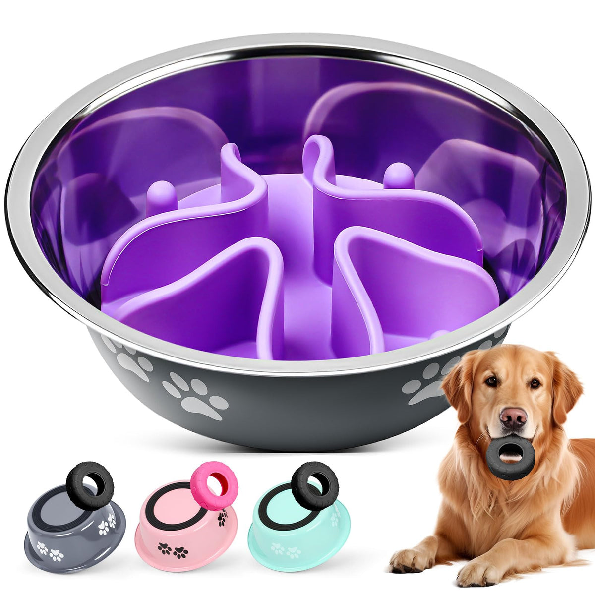 Focxoio 2-In-1 Stainless Steel Slow Feeder Dog Bowl,Silicone Slow Feeder Insert For Dog Bowl With Anti-Slip Base,Natural Rubber 