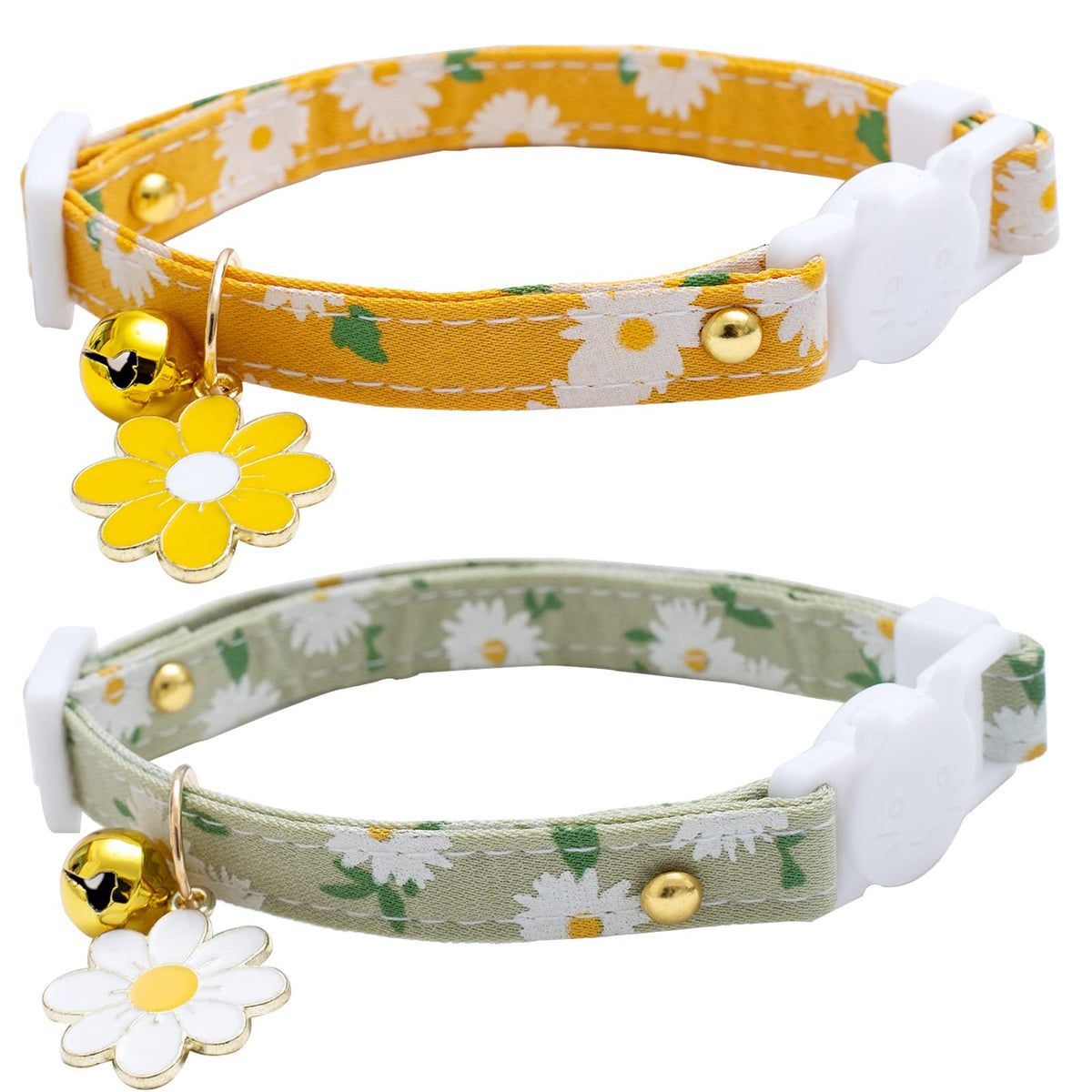 2 Pack Cotton Breakaway Cat Collars With Bell Flower Pendant Kitty Kitten Collars Yellow Green Collar For Female Girl Cats Male Boy Cats