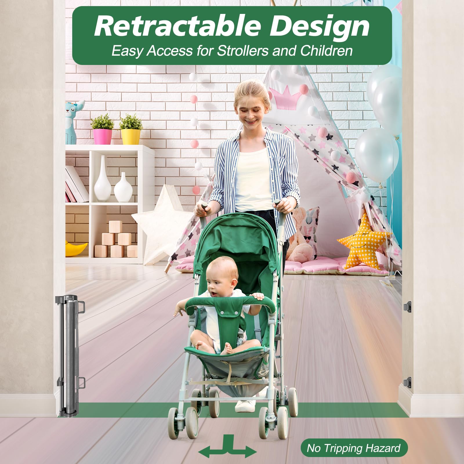 24'' Tall X 120'' Extra Wide Retractable Baby Gates, Short Dog Gates to Step Over, Reinforced Long Mesh Pet Gate with Support Ro