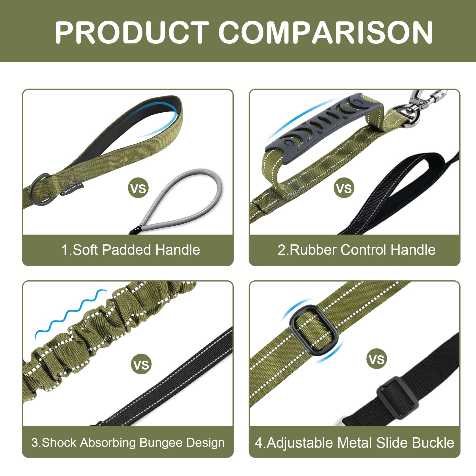Chioratree Tactical Dog Leash Heavy Duty, 4-6FT Shock Absorbing Bungee Dog Leash, Strong No Pull Military Dog Leash with 2 Contr