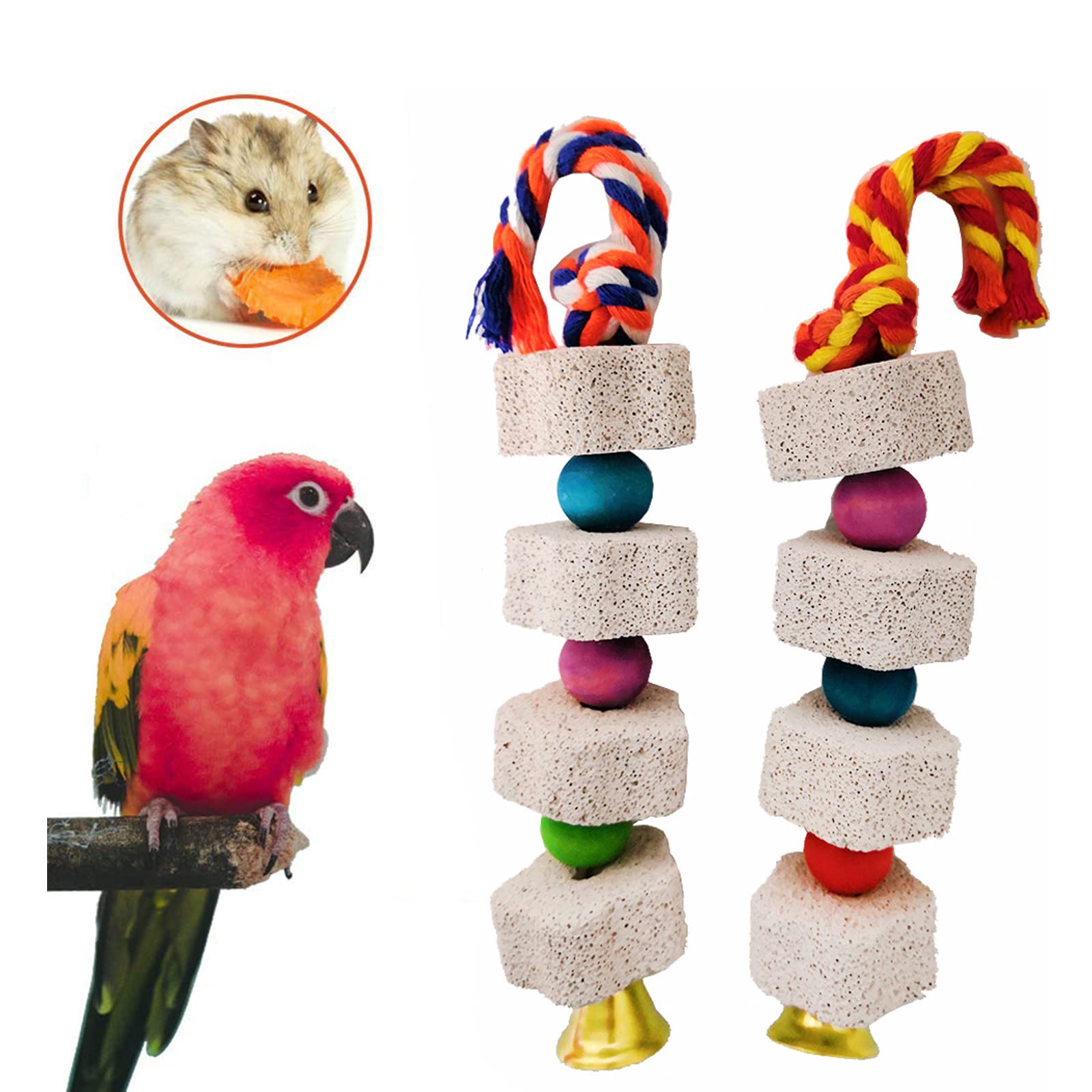 Yoogeer 2Pcs Pet Bird Chew Toy Lava Stone Parrot Chewing Toy Beak Trimmer Calcium Stone With Bell For Hamster Chinchilla Rabbit