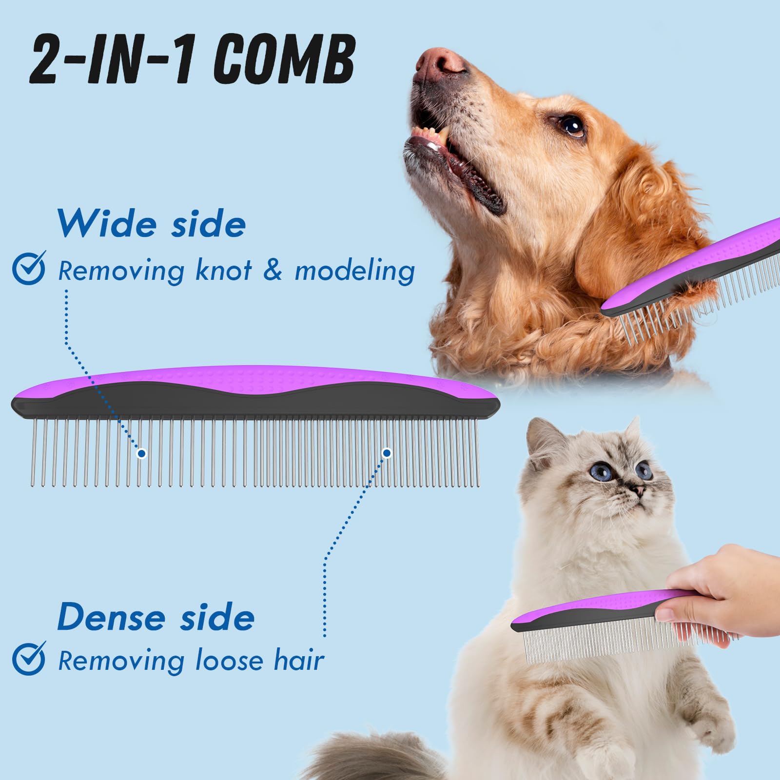 Docrok Pet Grooming Brush And Metal Comb Combo - Undercoat Rake For Dematting And Deshedding Long Matted Haired Dogs And Cats, Purple