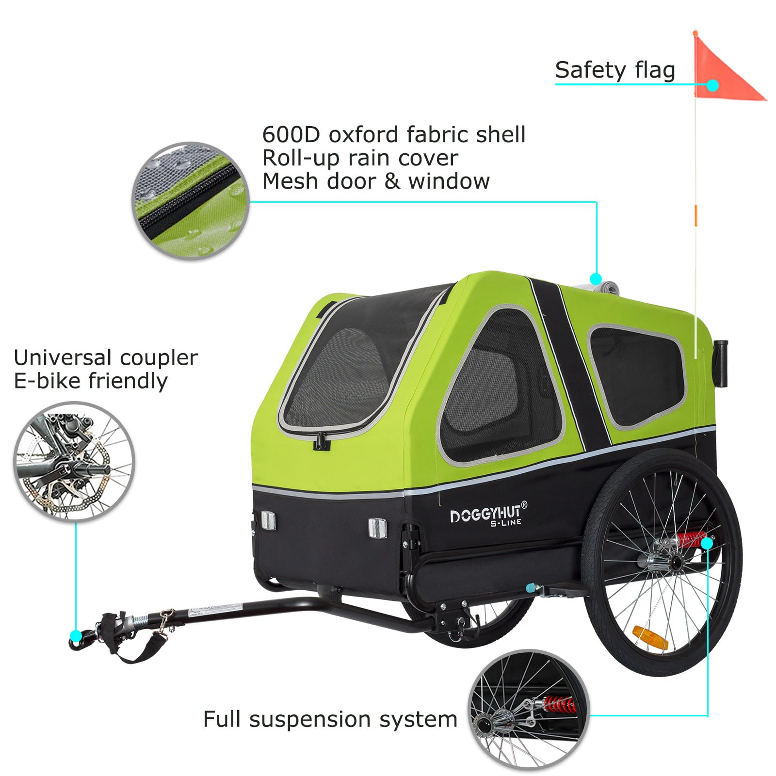 Doggyhut S-Line Xl Pet Bike Trailer & Stroller For Dogs Up To 100 Lbs (Green)