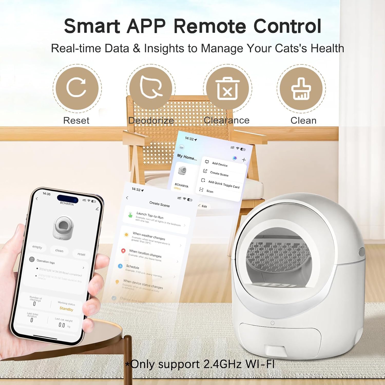 Self Cleaning Cat Litter Box, Automatic Cat Litter Box With App Control Odor Removal Safety Protection For Multiple Cats, With G