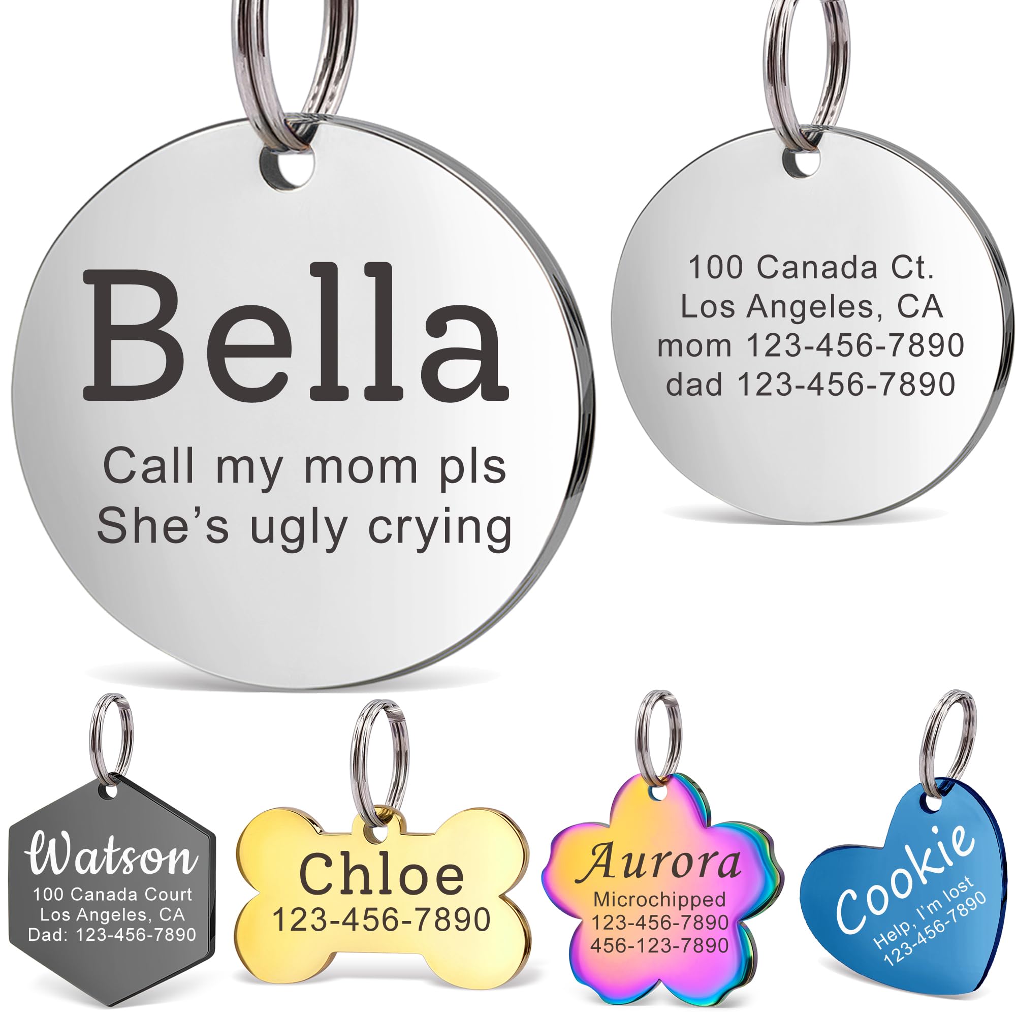 Anavia Personalized Pet Id Tags, Stainless Steel Glossy Laser Engraved Dog Cat Collar Name Tags, Multiple Colors Shapes Sizes (R