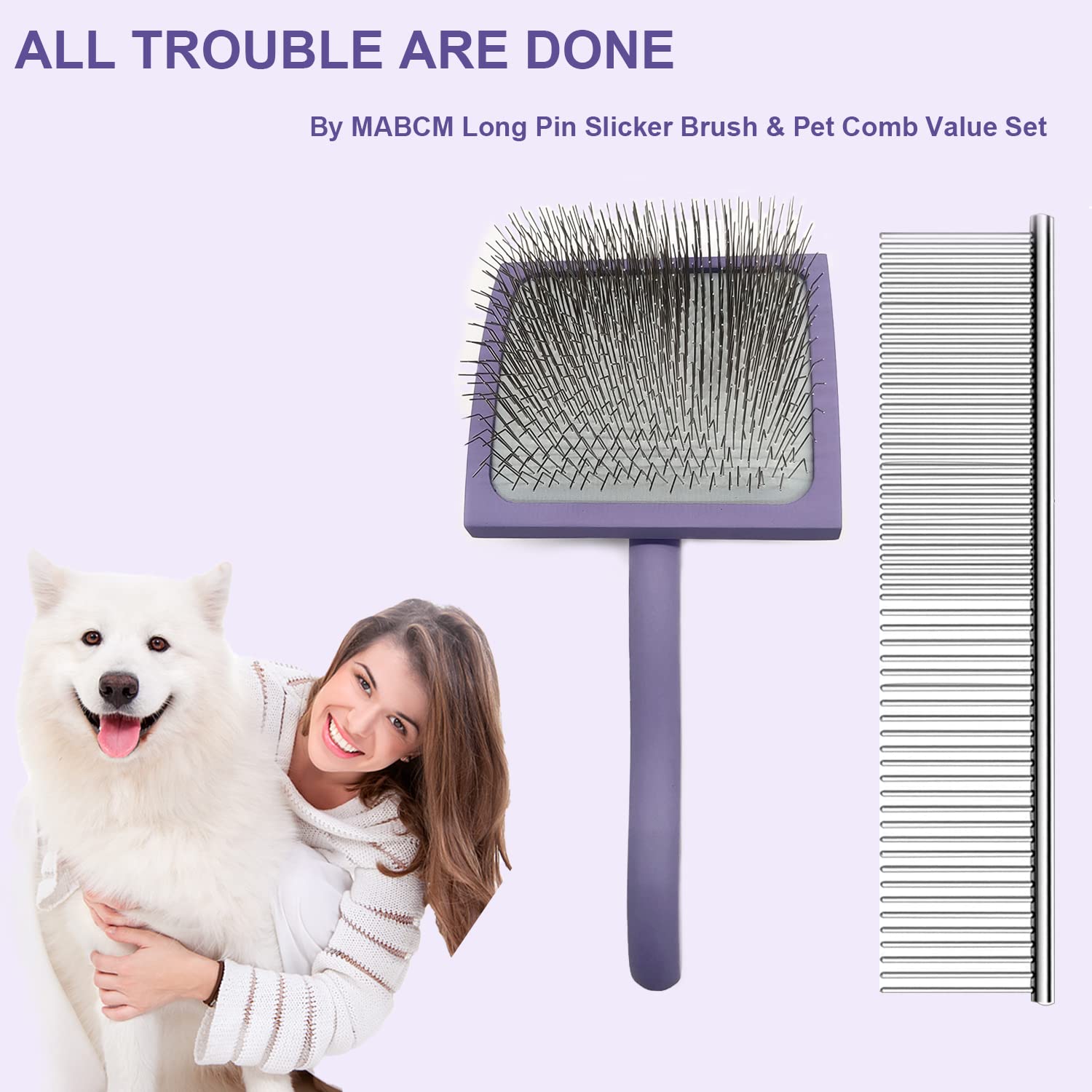 Slicker Ergonomic Wooden-Handle Long-Pin Brush For Poodles, Goldendoodles & Other Long-Haired Dogs (Purple)