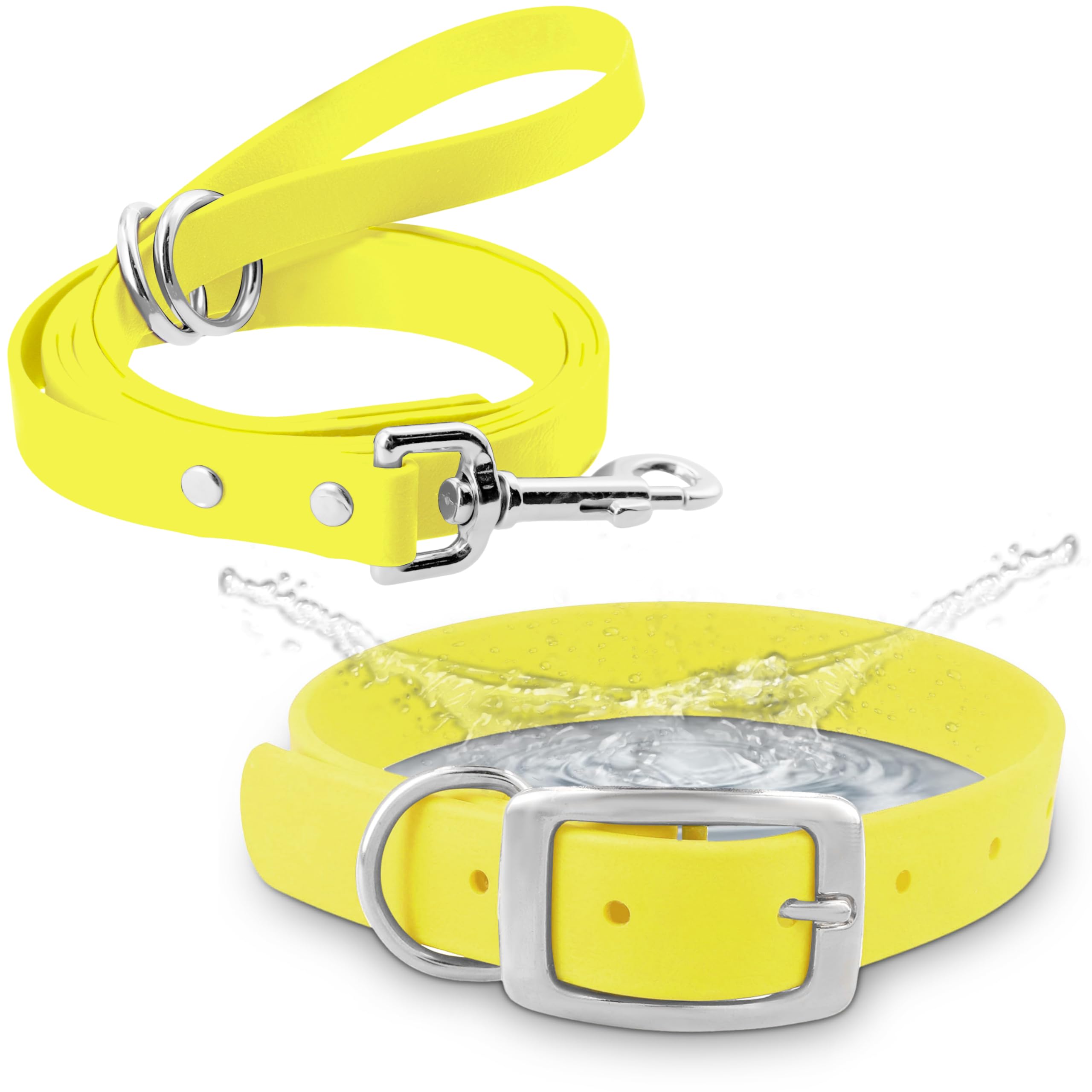 Regal Dog Products Large Yellow Waterproof Dog Collar and Leash Set | Heavy Duty Double Buckle & D Ring - 5'ft Leash | Adjustabl