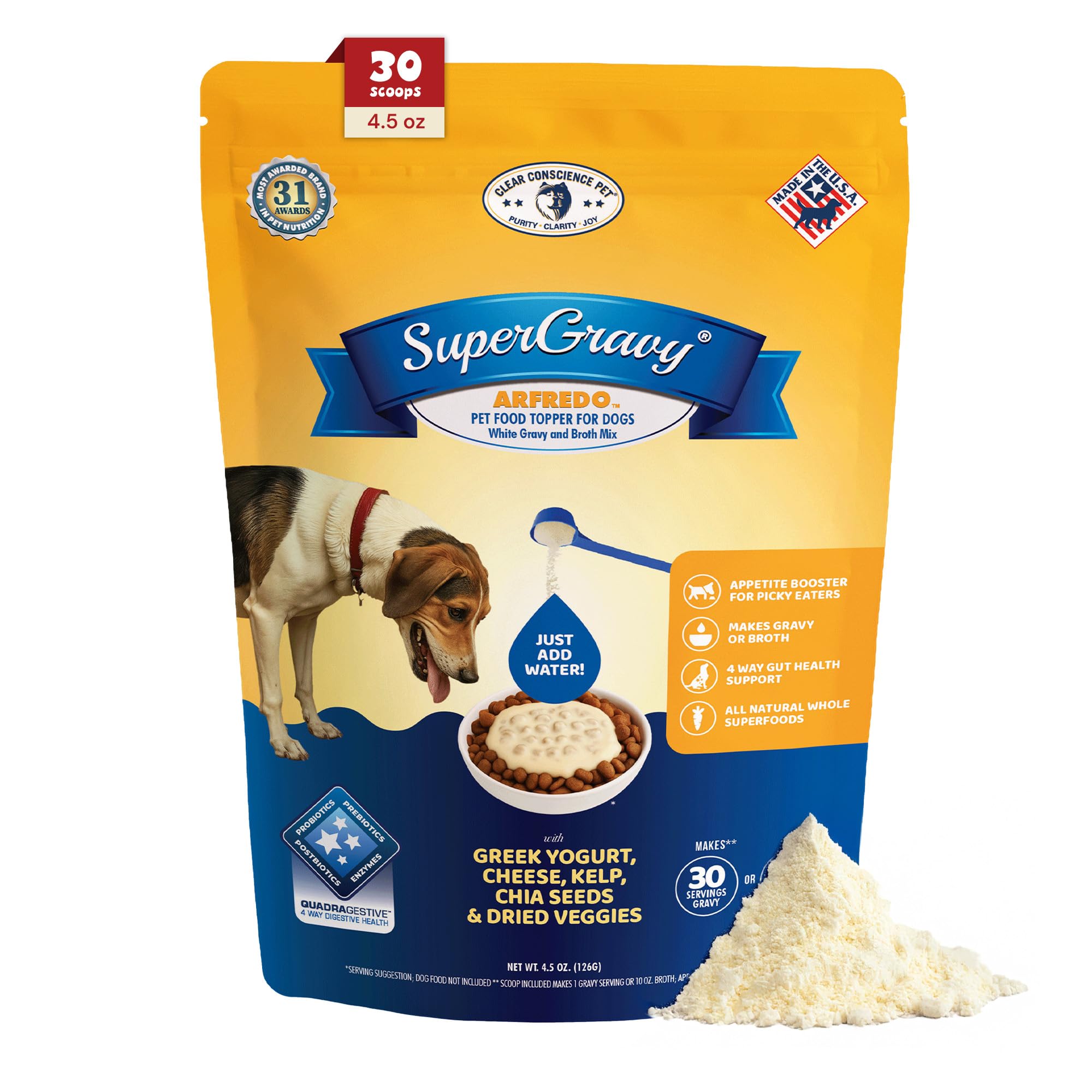 CLEAR CONSCIENCE PET Arfredo SuperGravy Dog Food Topper Hydration Broth Mix Greek Yogurt Cheese Blend Kibble Seasoning Probiotic