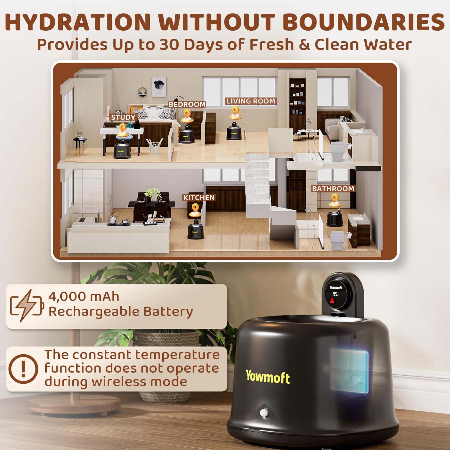 Constant Temperature Wireless Cat Water Fountain, 2.5L/84Oz Water Fountains For Cats Indoor With Quiet Pump & 4 Filters, Cat Fou